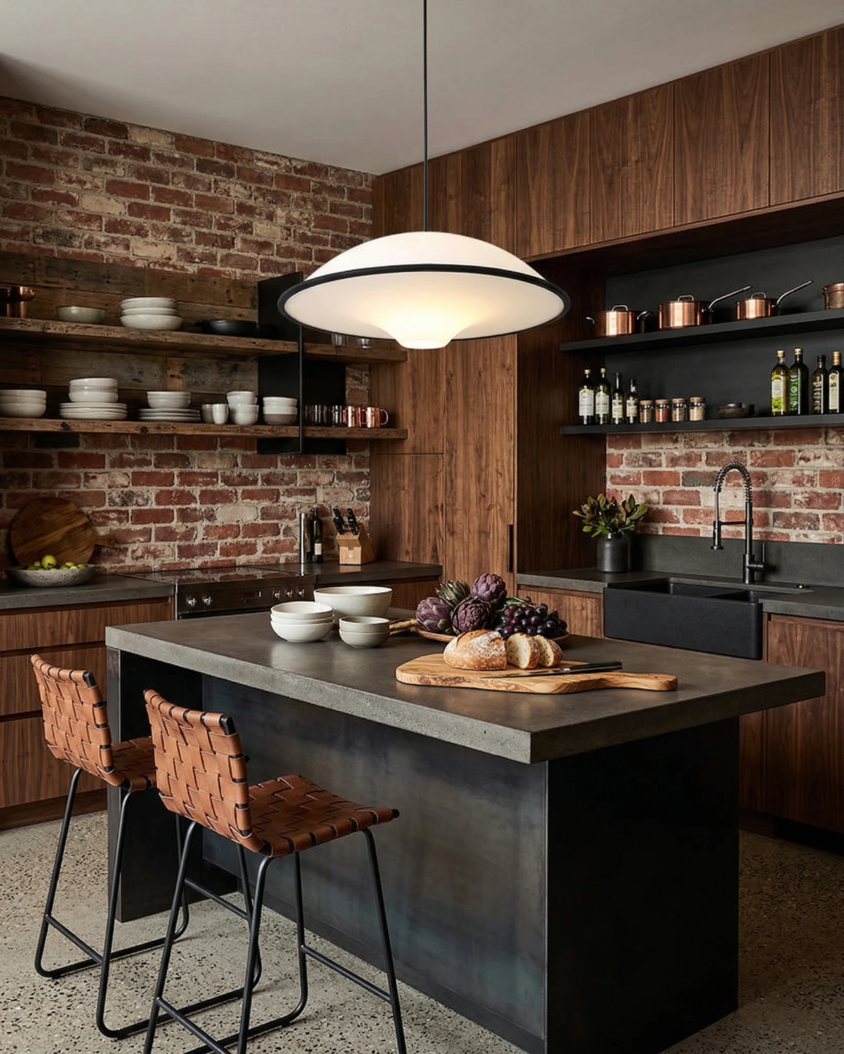 Acrylic pendant light AOSTA No.01 lit above a dark kitchen island with leather stools and a brick wall