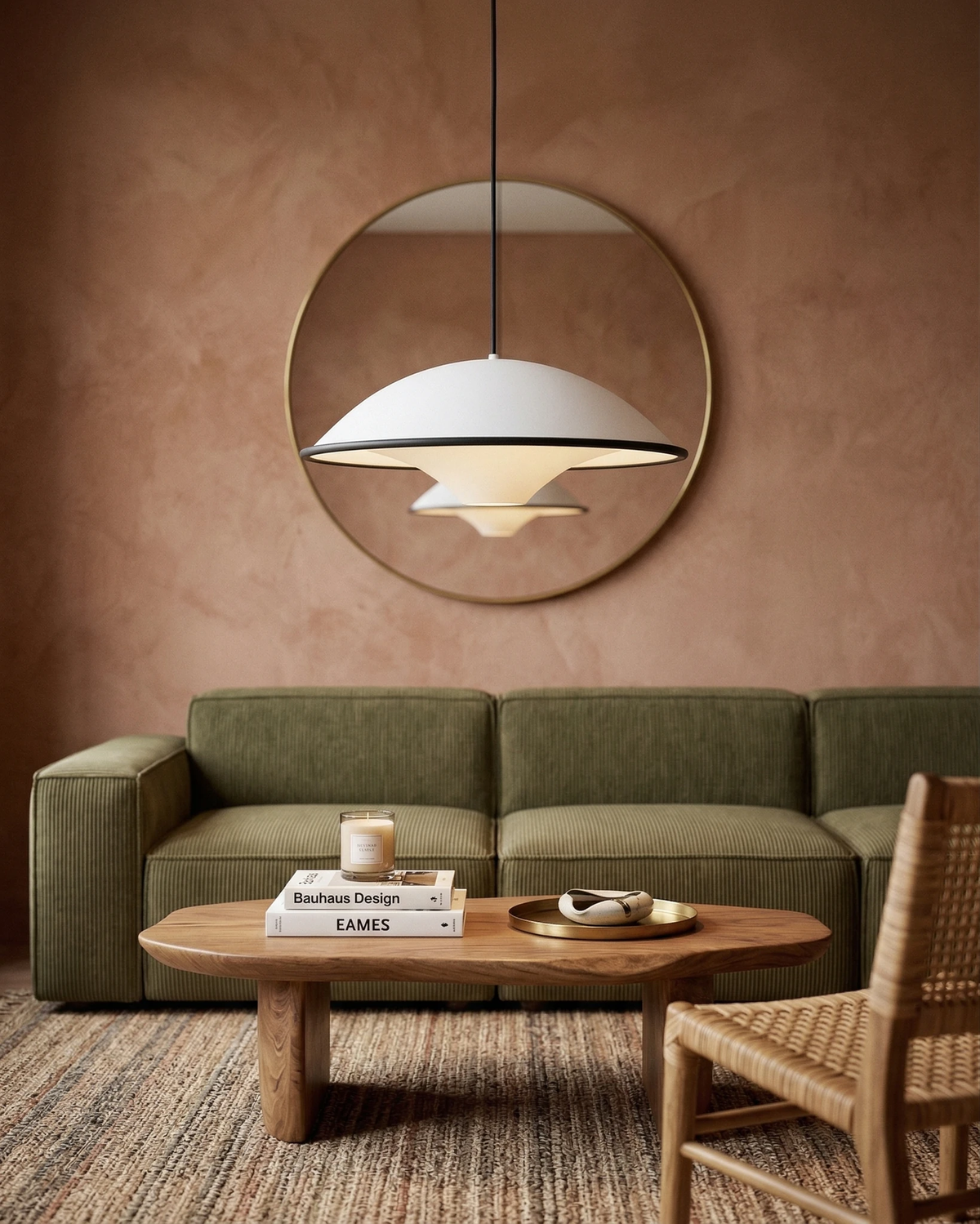 Acrylic pendant light AOSTA No.01 lit in front of a round mirror above a green sofa and a wooden coffee table