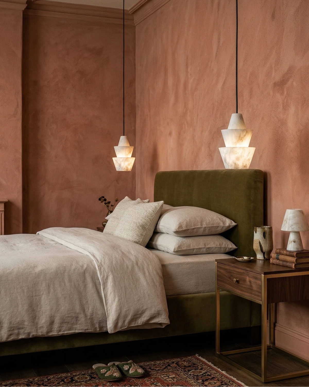 Alabaster pendant light ALABA No.06, two tiered pendants lit on each side of a green velvet bed on terracotta walls