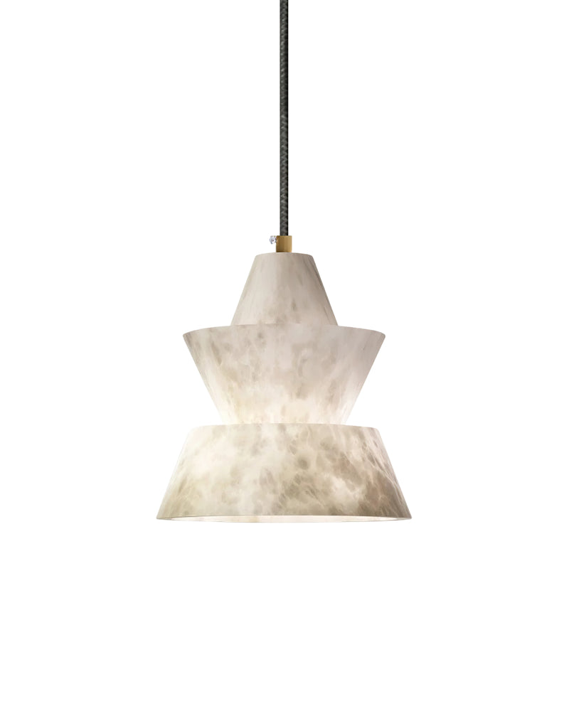 Alabaster pendant light ALABA No.06 Stepped Cylinder, wide stepped alabaster shade glowing on a black cord
