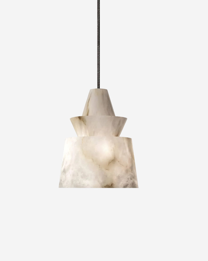 Alabaster pendant light ALABA No.06 Tiered, stacked cone silhouette in veined white alabaster switched on