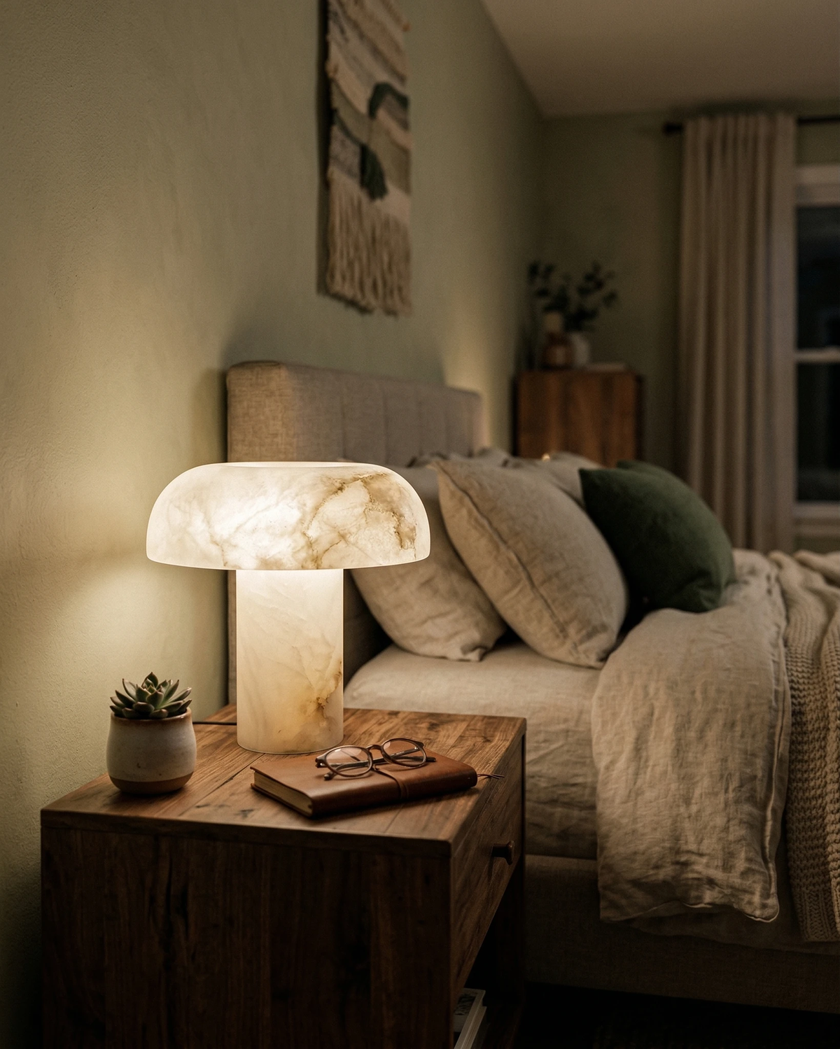 Alabaster table lamp OBSI No.01 lit on a wooden nightstand beside a bed with a small potted plant