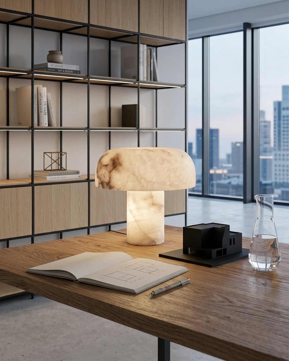Alabaster table lamp OBSI No.01 glowing on a wooden desk with a notebook and city skyline windows