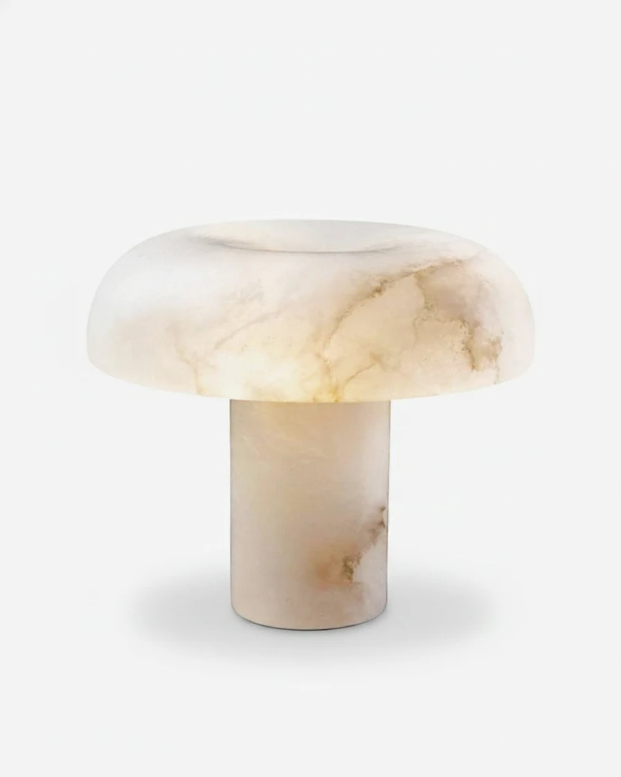 Alabaster table lamp OBSI No.01, veined alabaster mushroom dome on a cylindrical alabaster base
