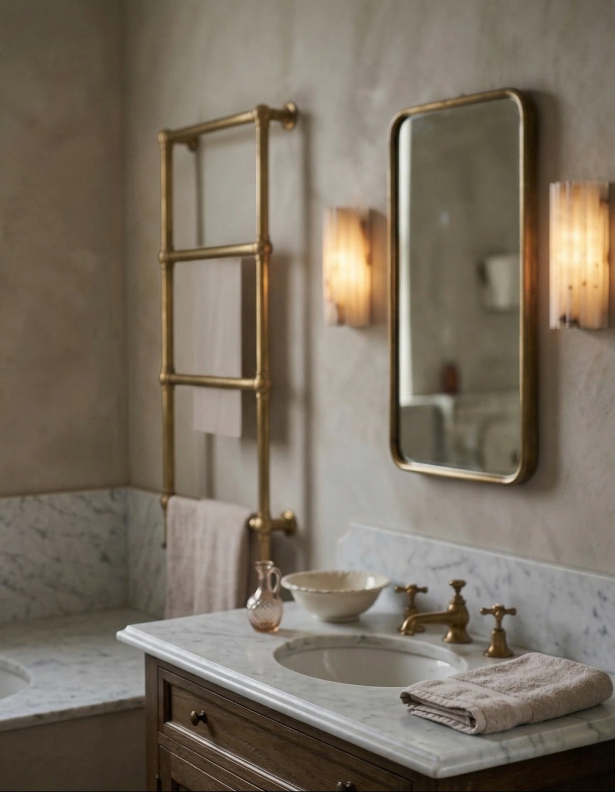 Alabaster wall sconce ALABA No.02, two fluted units glowing beside a brass-framed mirror over a marble vanity