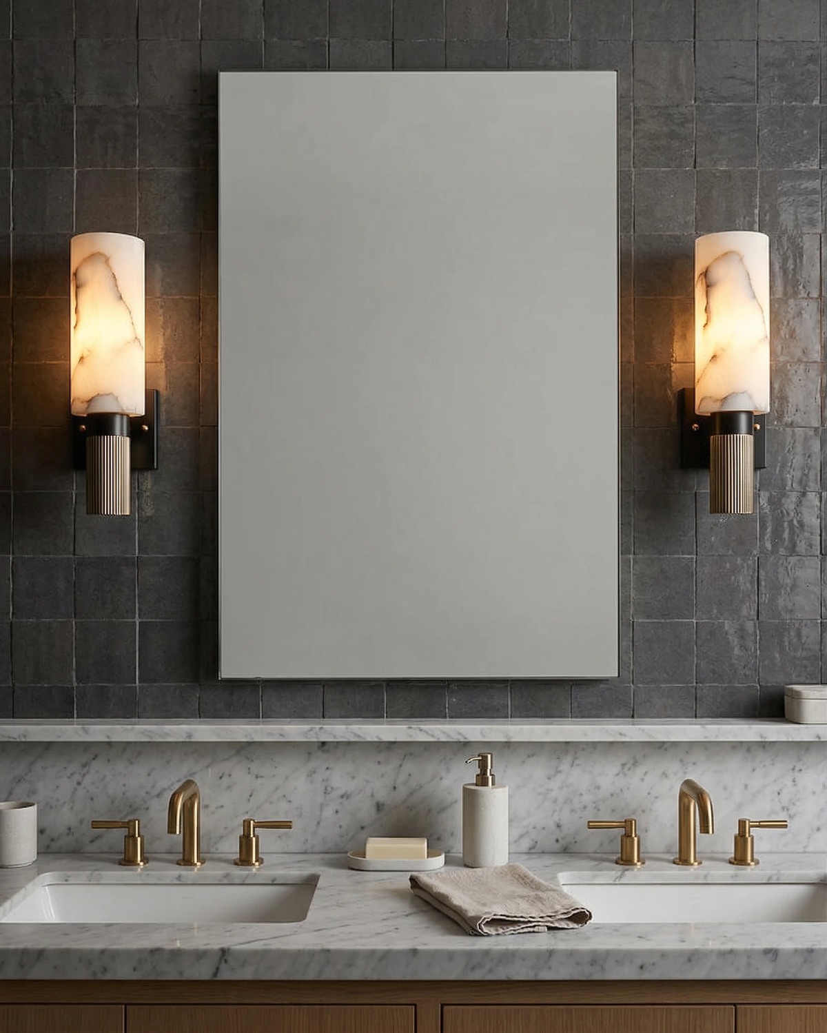 ALABA No.07 | Alabaster Cylinder Sconce on Fluted Brass Base styled in a primary bath