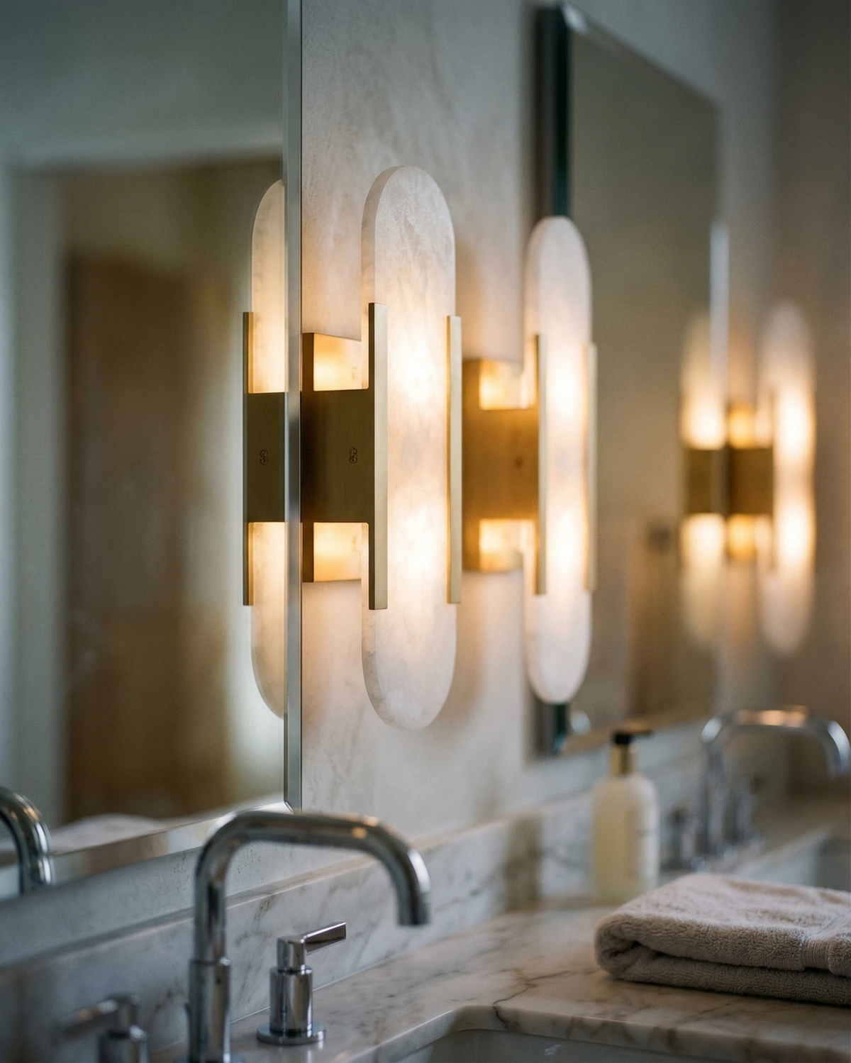 Alabaster wall sconce OLIVA No.02 with brass frames lit beside mirrors above a marble double vanity with chrome faucets