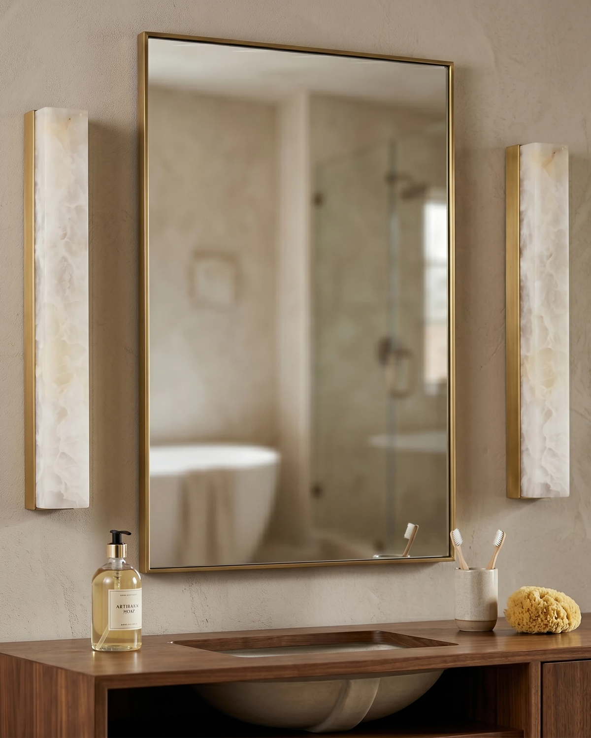 Two alabaster wall sconces NEBBIA No.02 on brass bars flanking a brass-framed mirror above a walnut bathroom vanity