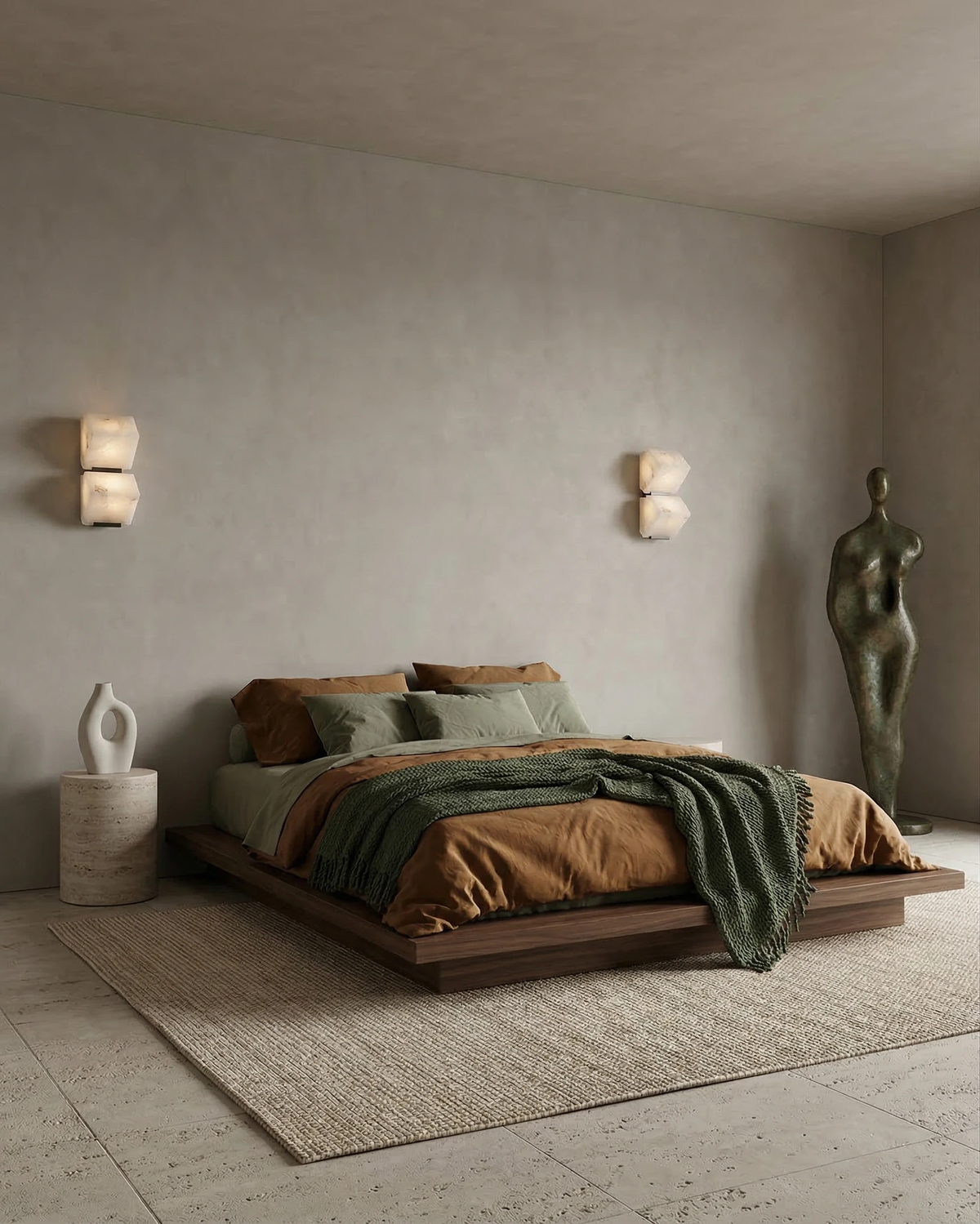 Pair of alabaster wall sconces ALABA No.05 duo lit on either side of a low bed with olive and rust bedding