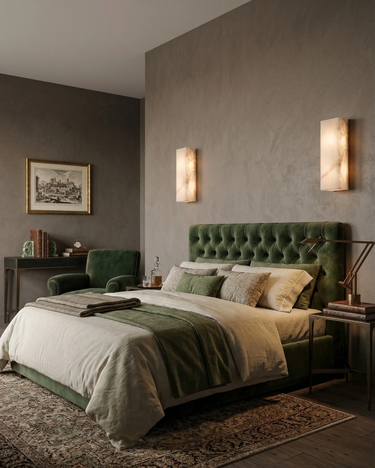 Two alabaster wall sconces ALABA No.03 lit above a green tufted velvet bed in a taupe bedroom