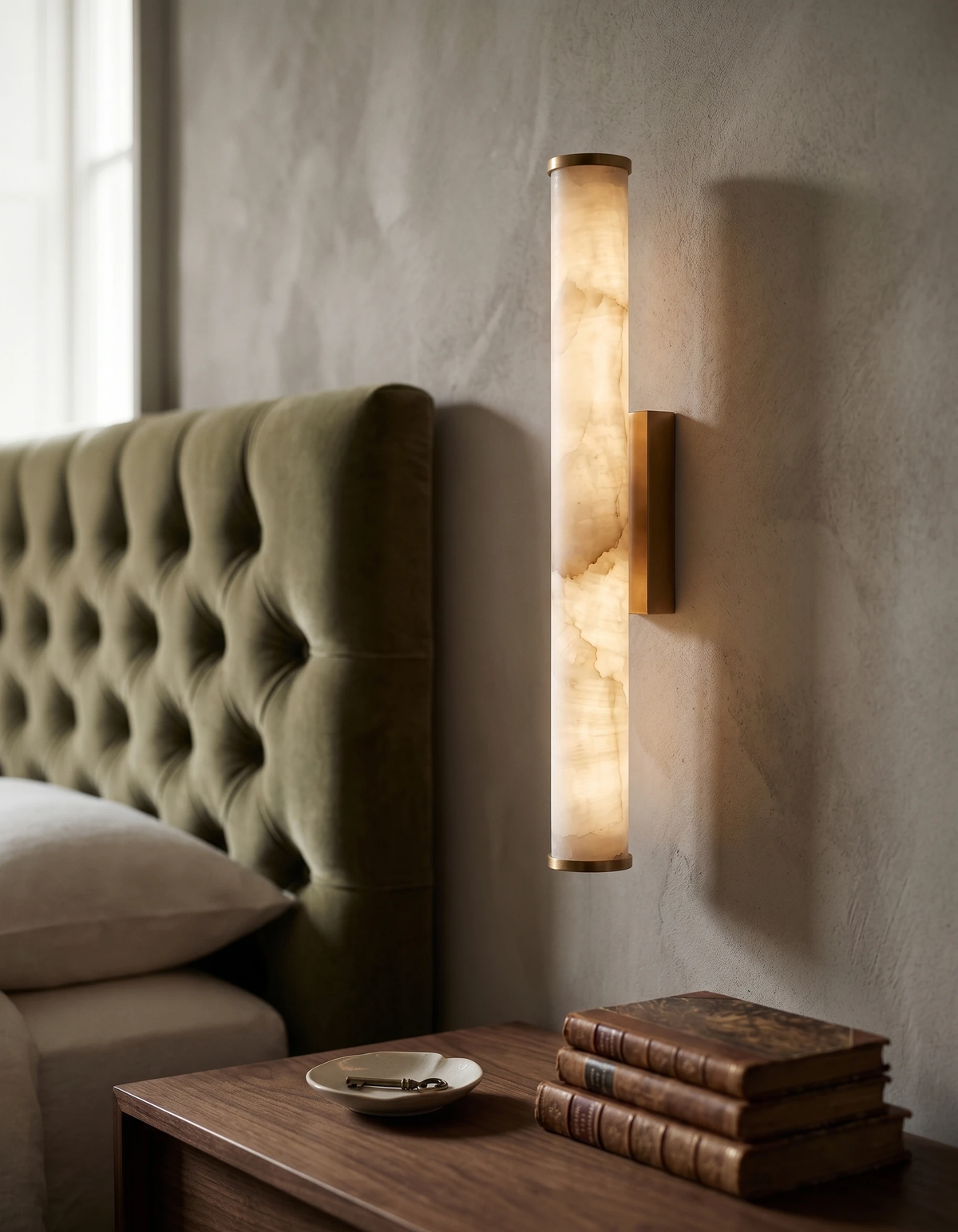 Alabaster wall sconce NEBBIA No.01 lit beside a green tufted headboard, above a nightstand with stacked books
