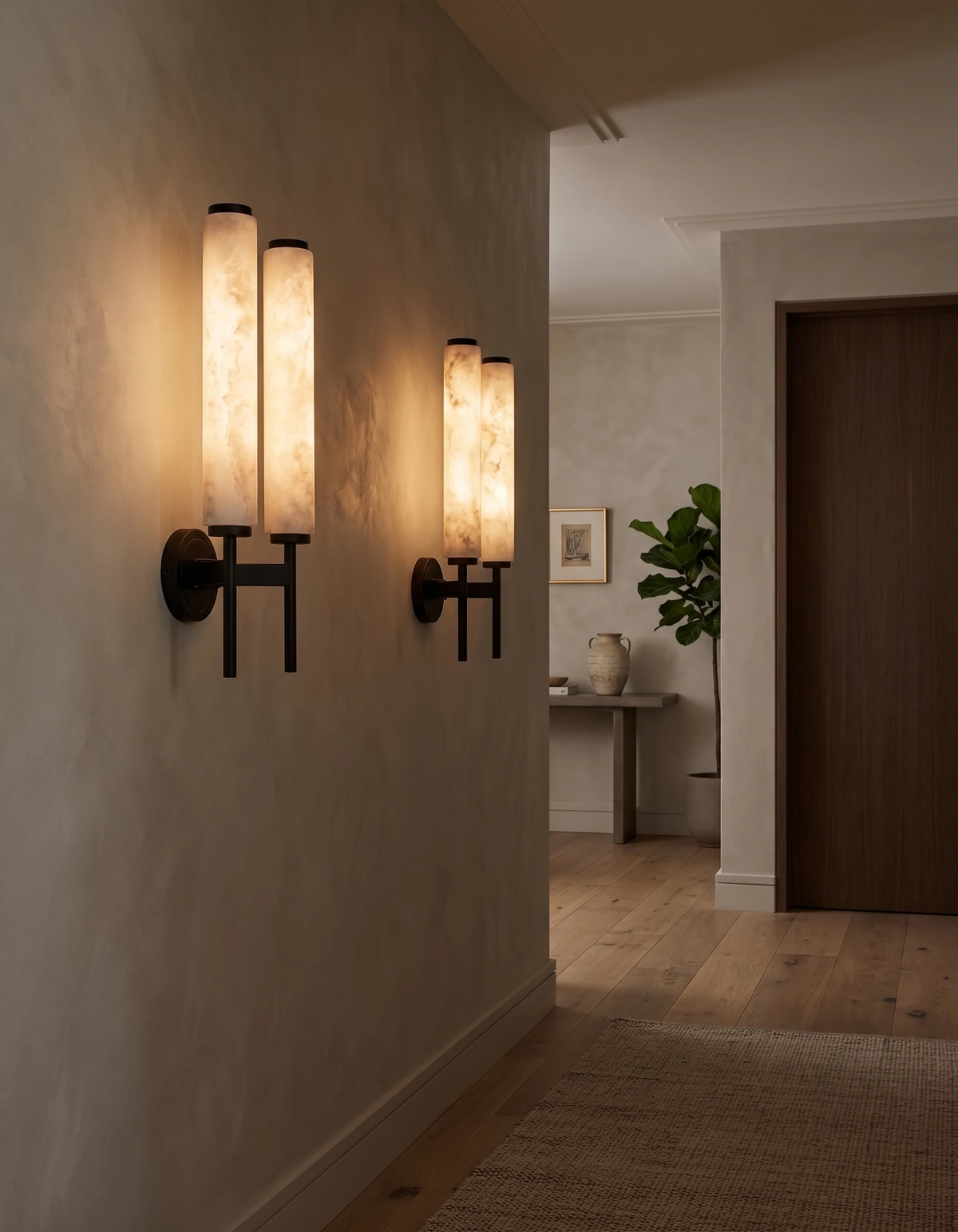 Two twin-arm alabaster wall sconces ALABA No.01 in matte black lighting a hallway