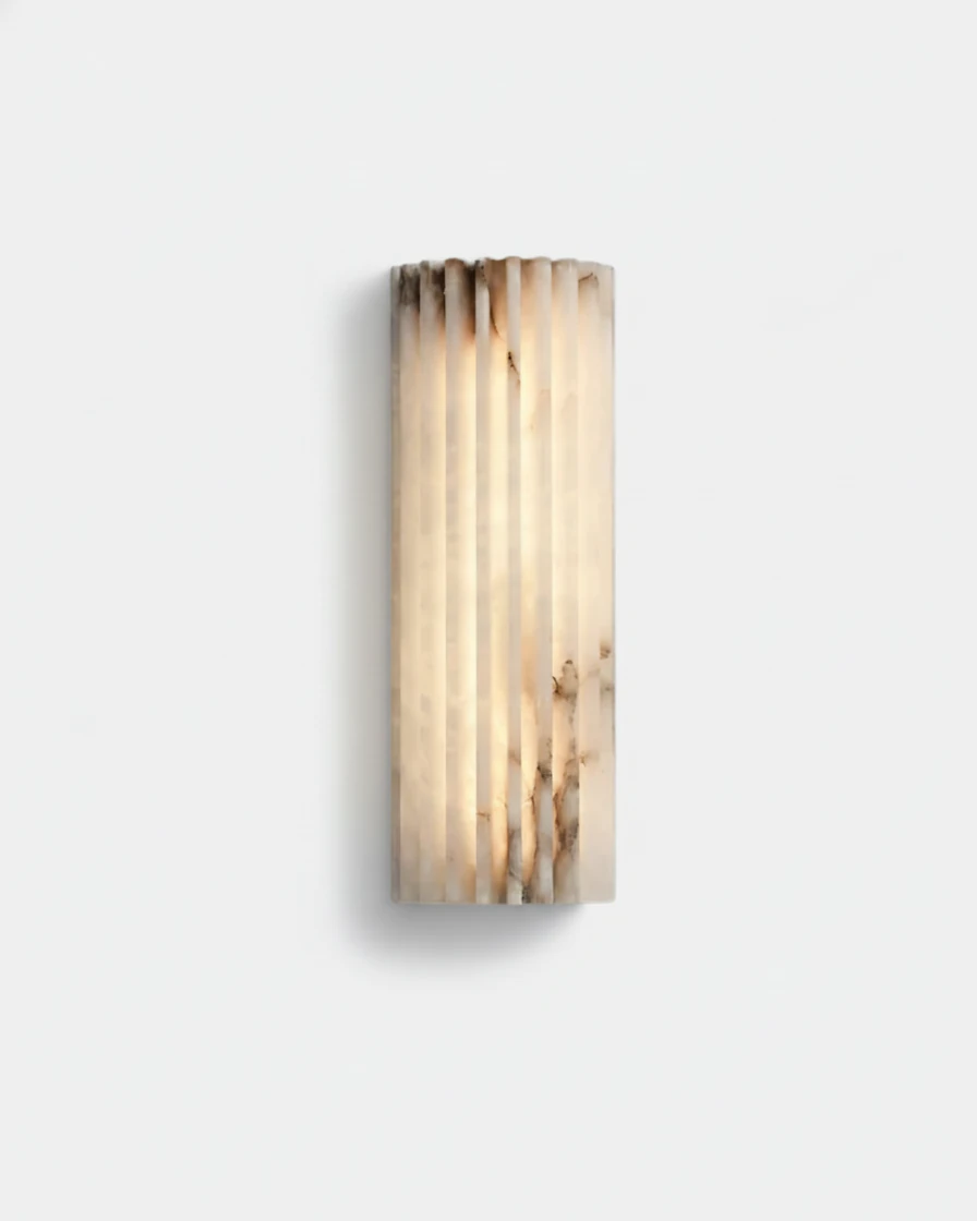 Alabaster wall sconce ALABA No.02 in the compact 12 in size, short fluted alabaster block switched on