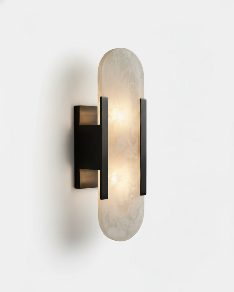 Alabaster wall sconce OLIVA No.02 in Black Frame, standard 35 cm lit alabaster capsule held by a black metal bracket