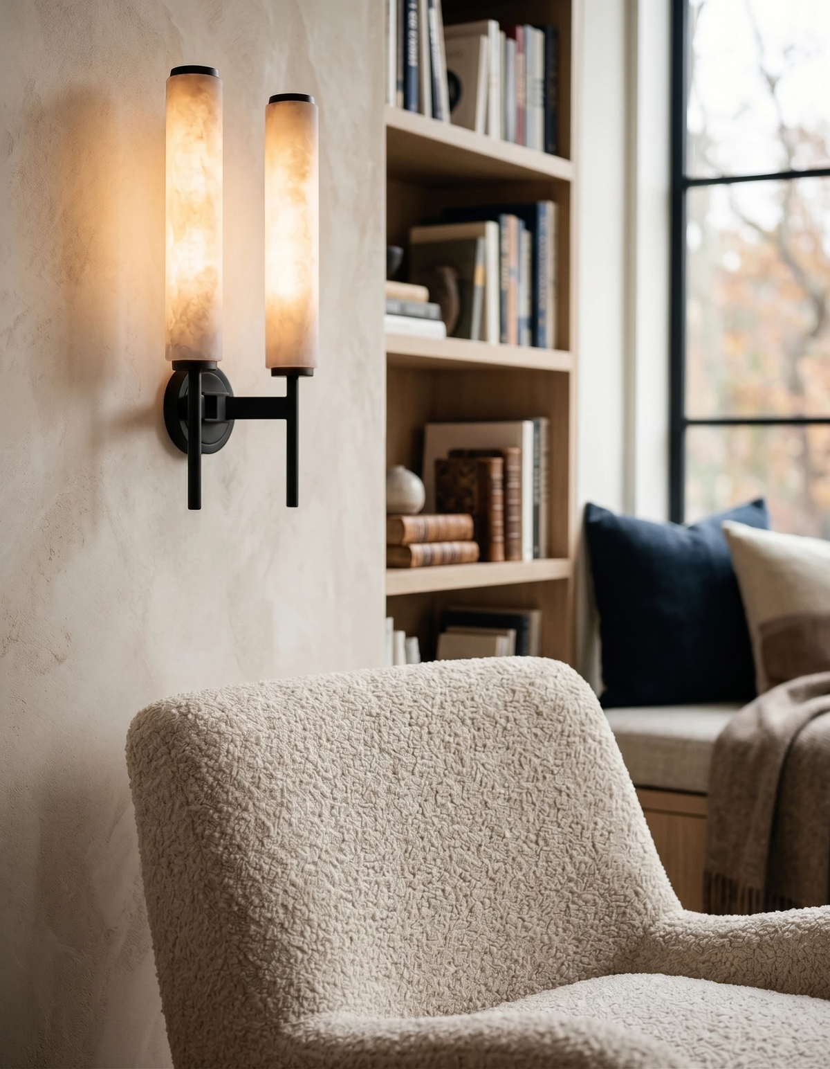 Twin-arm alabaster wall sconce ALABA No.01 in matte black above a boucle armchair in a living room