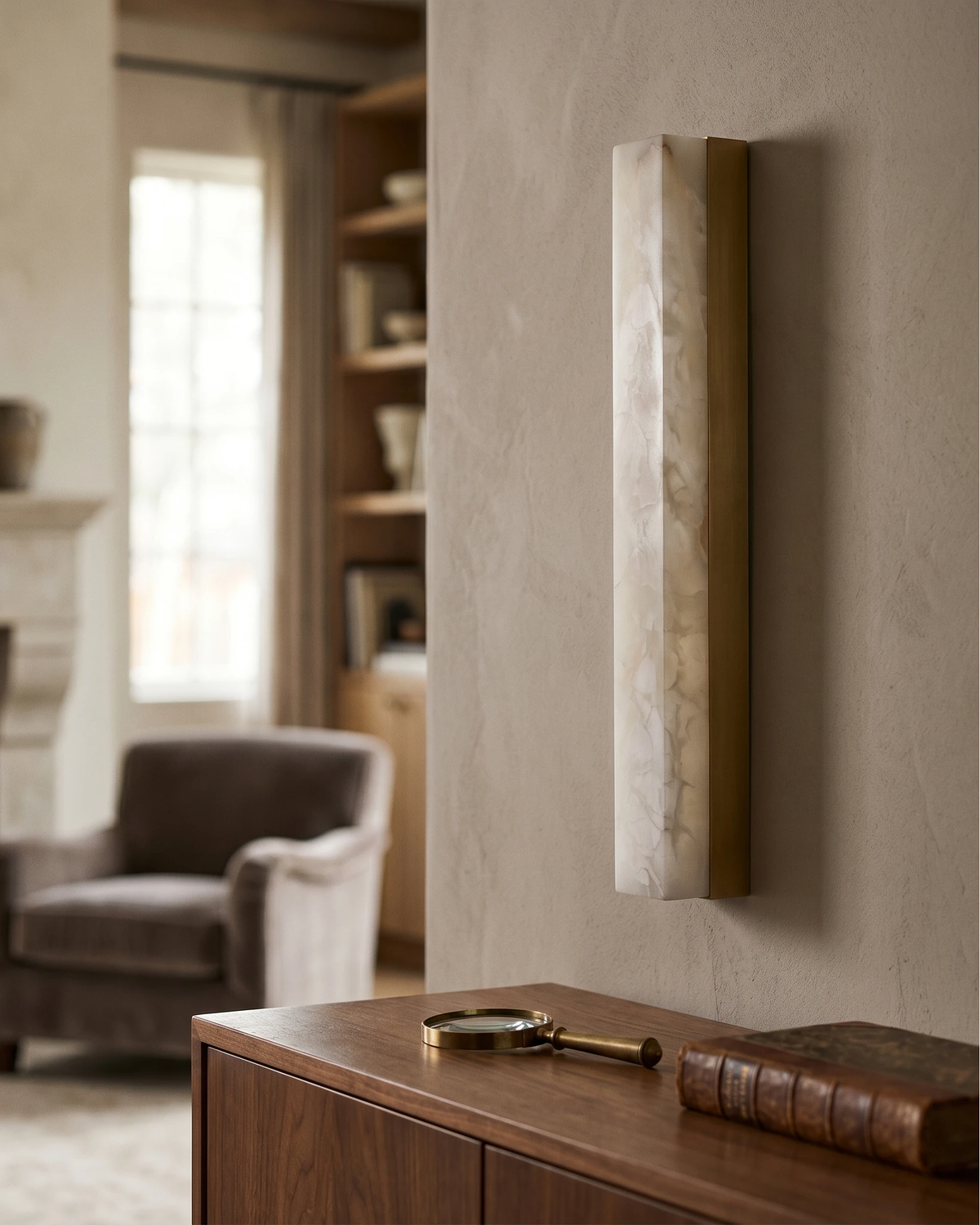 Alabaster wall sconce NEBBIA No.02 on a brass bar, lit on a plaster wall above a walnut sideboard, armchair behind