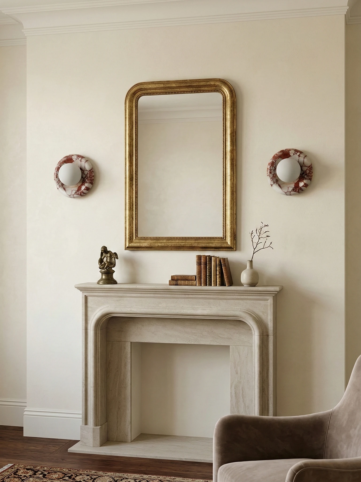 Two alabaster wall sconces LATTE No.02 in red-veined stone flanking a gilt mirror above a stone fireplace mantel