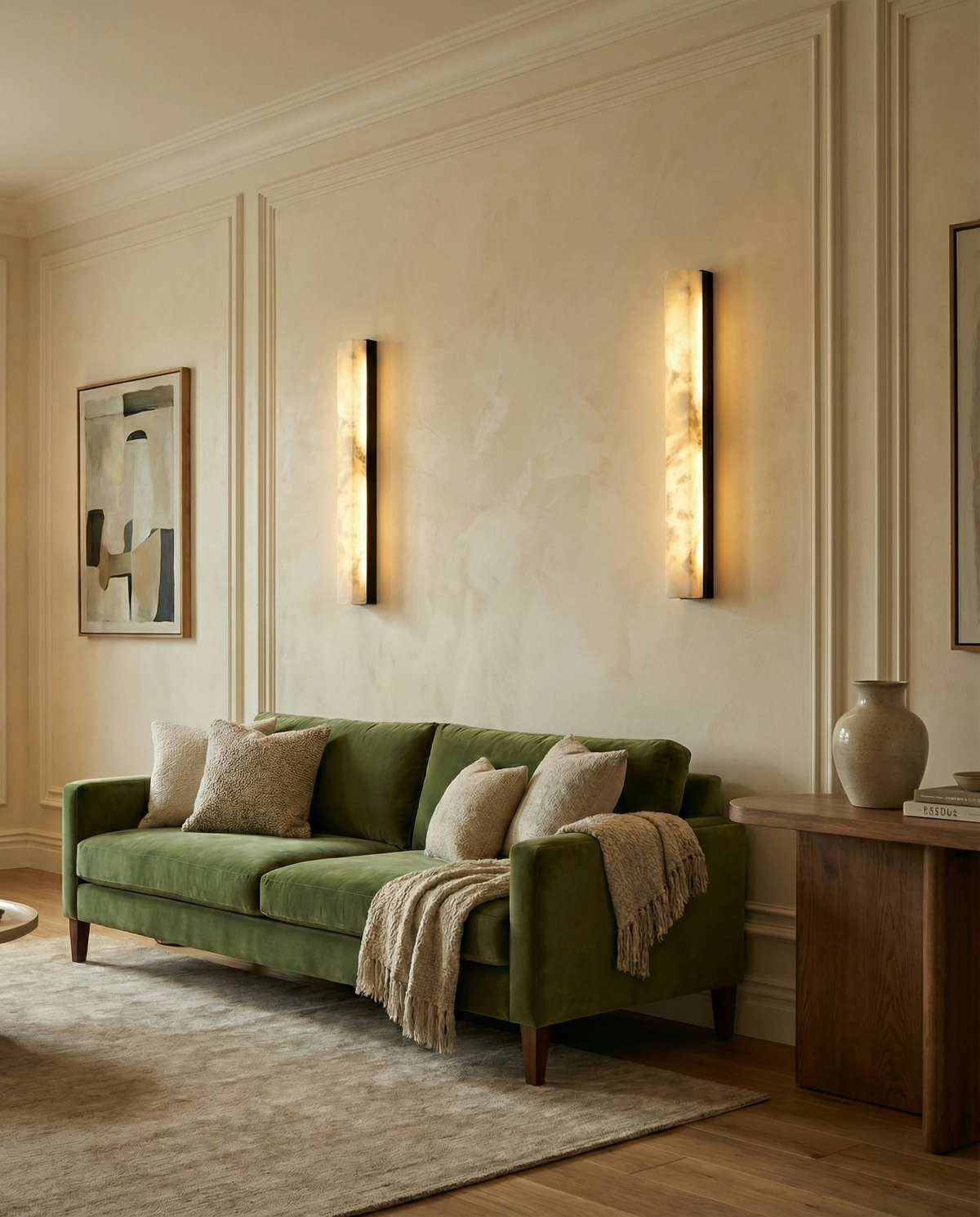 Two alabaster wall sconces NEBBIA No.02 switched on, flanking a green velvet sofa in a paneled living room