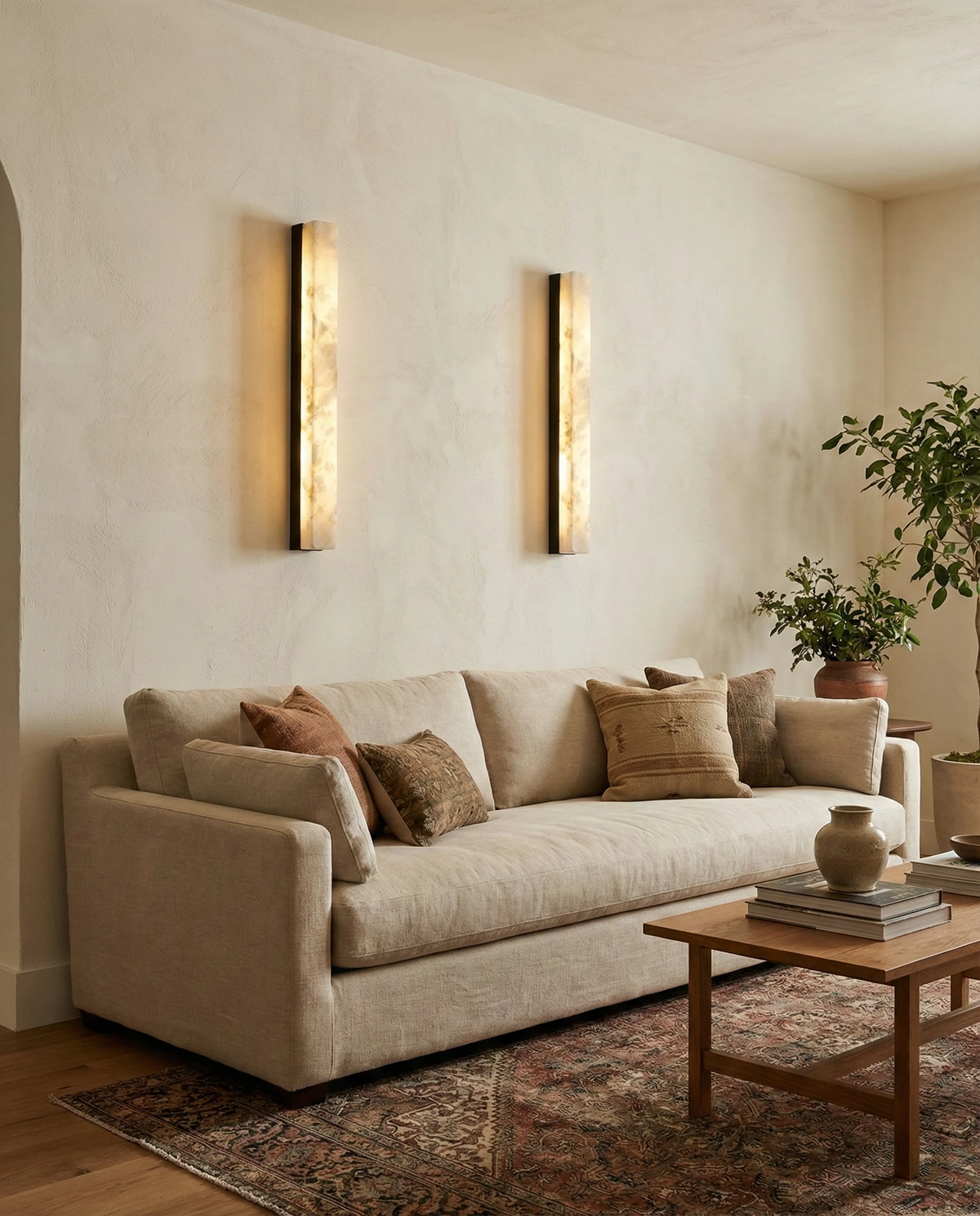 Pair of alabaster wall sconces NEBBIA No.02 lit above a cream sofa and coffee table in a living room