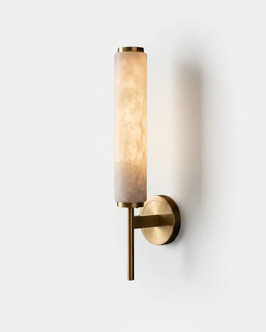 Alabaster wall sconce ALABA No.01, single arm, brushed brass bracket
