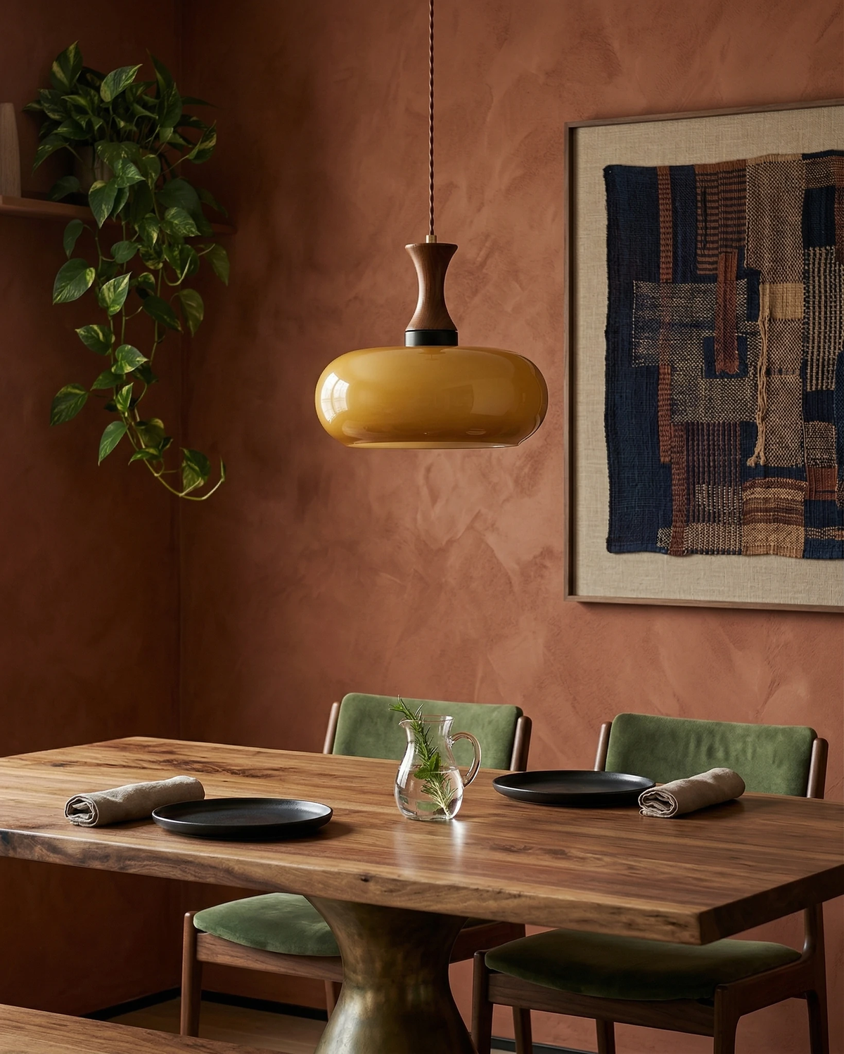Amber glass pendant light OVIA No.04, disc shade glowing over a wooden dining table on a terracotta wall