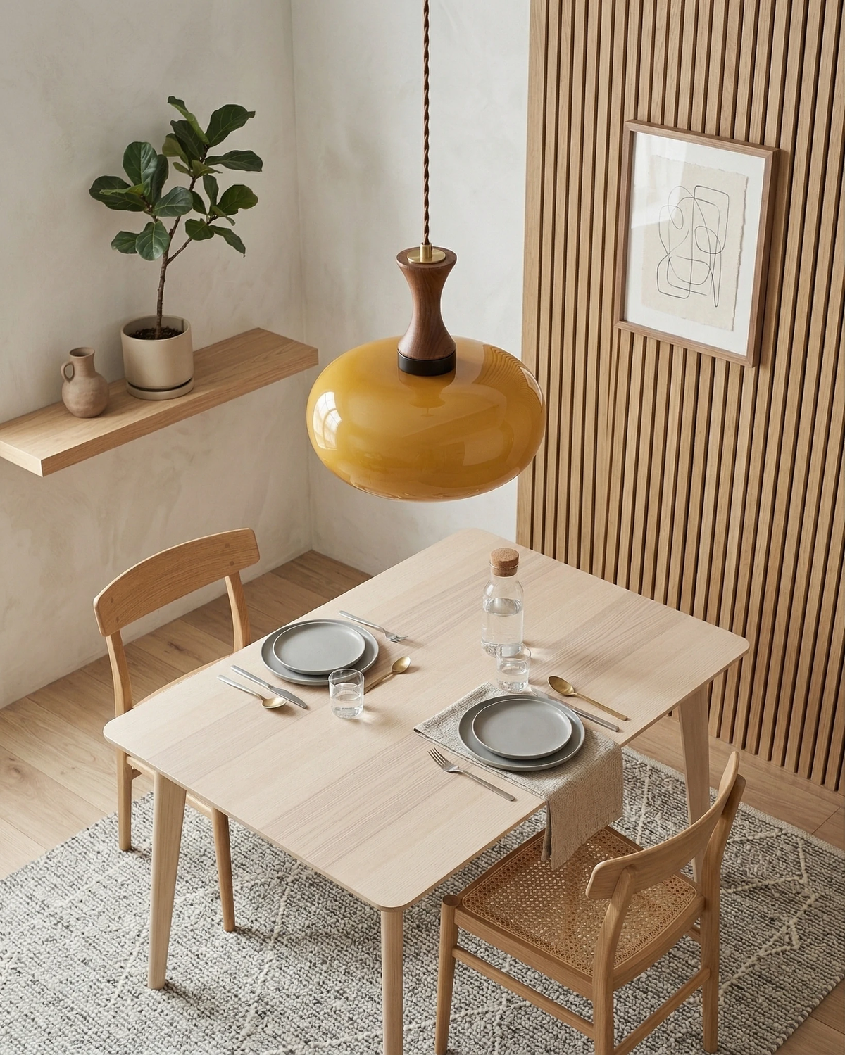 Amber glass pendant light OVIA No.04, disc shade lit above a set light-wood dining table and chairs