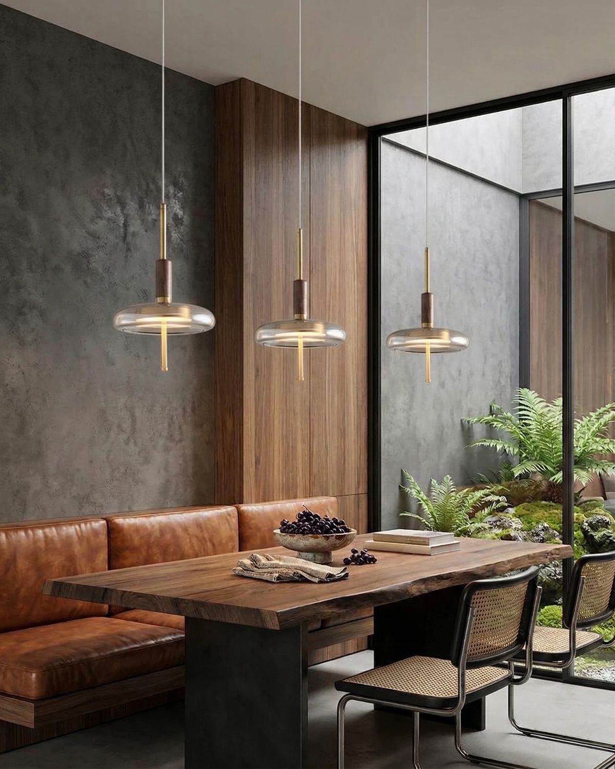 Amber glass pendant light NOCE No.01, three pendants lit in a row above a wooden dining table with a leather banquette