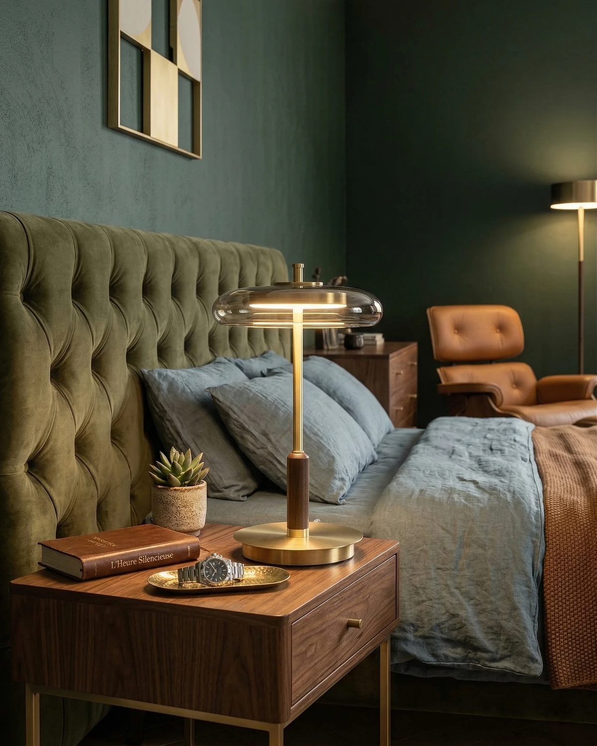 Amber glass table lamp TARO No.02 lit on a nightstand beside an olive green tufted headboard