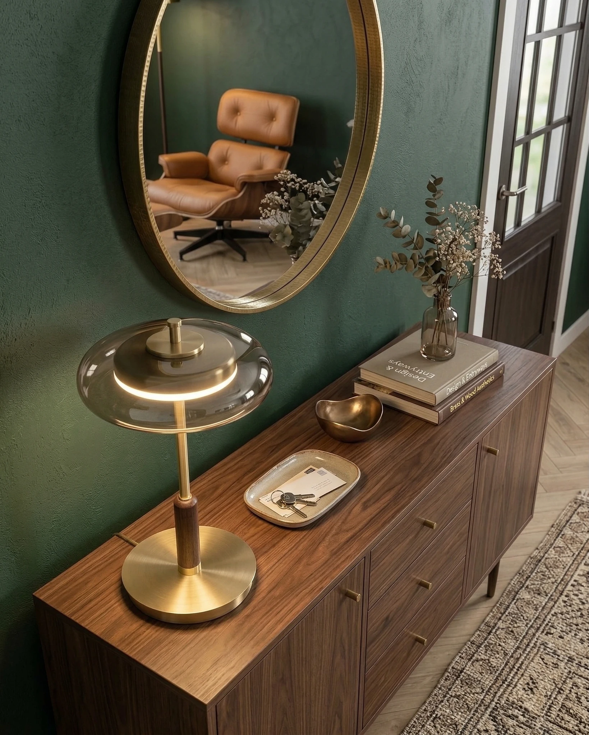 Amber glass table lamp TARO No.02 switched on atop a walnut sideboard under a round brass mirror on a green wall