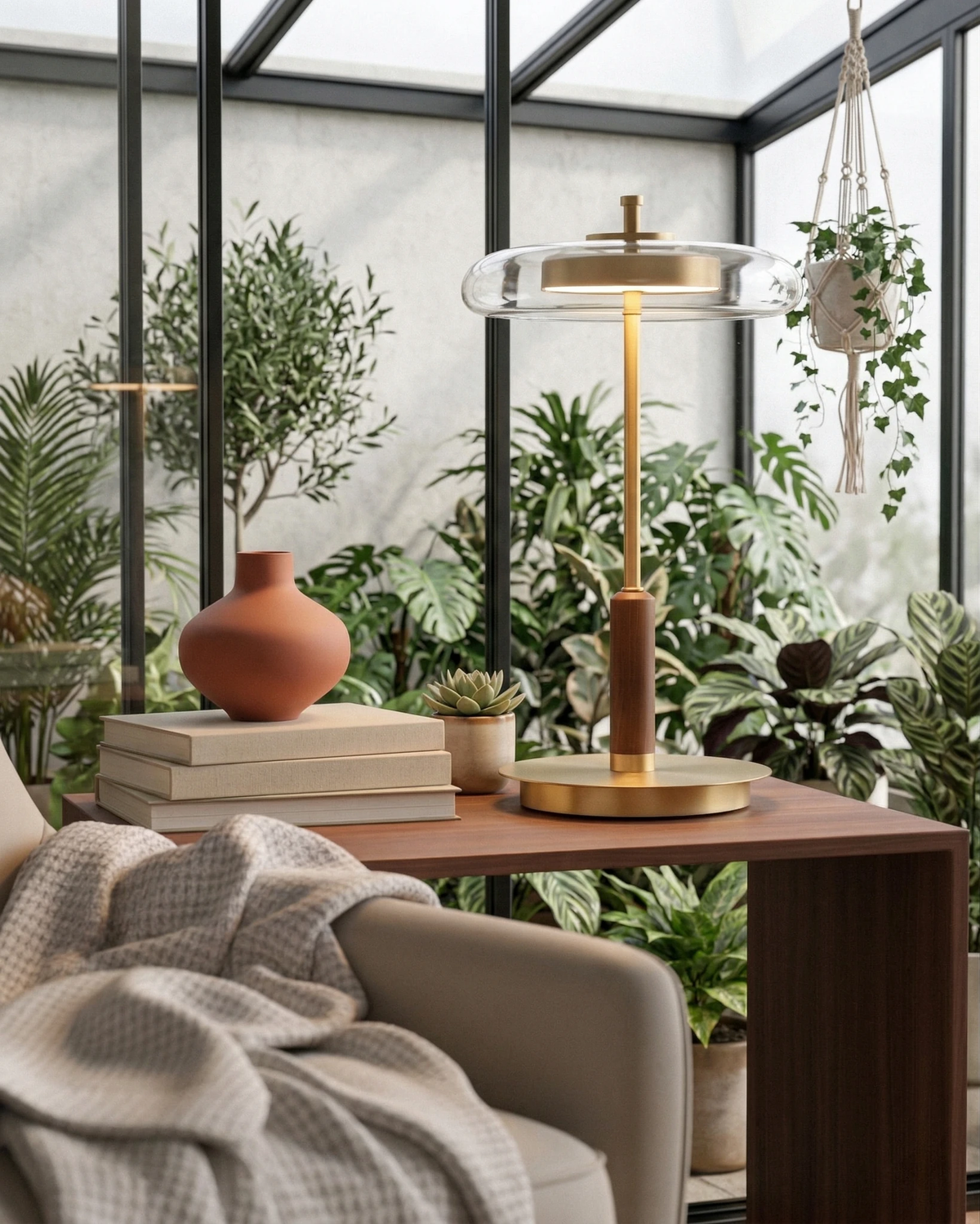 Amber glass table lamp TARO No.02 on a walnut console behind a sofa in a plant-filled glass sunroom, lit