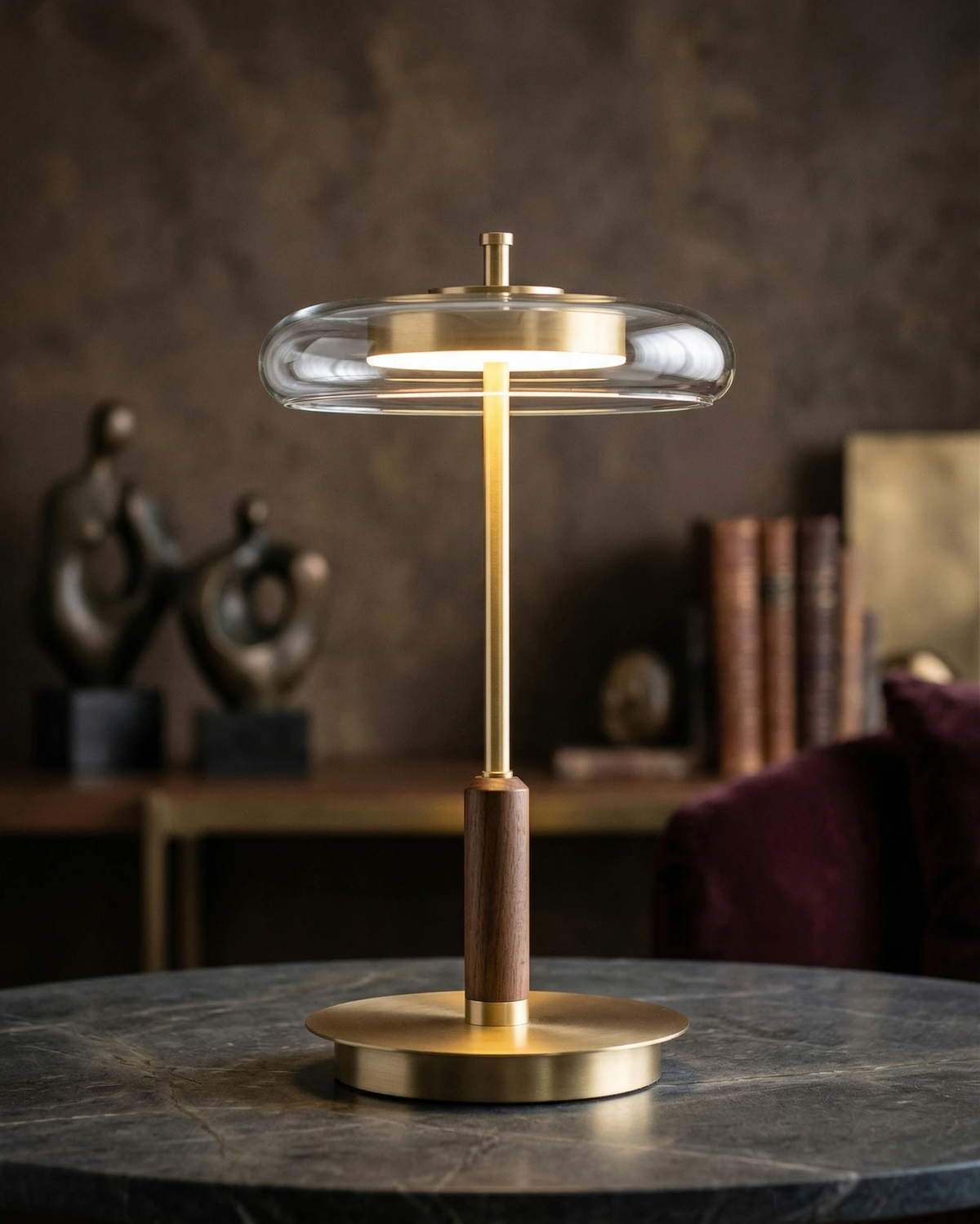 Amber glass table lamp TARO No.02 lit on a dark marble table with bronze sculptures against a moody brown wall
