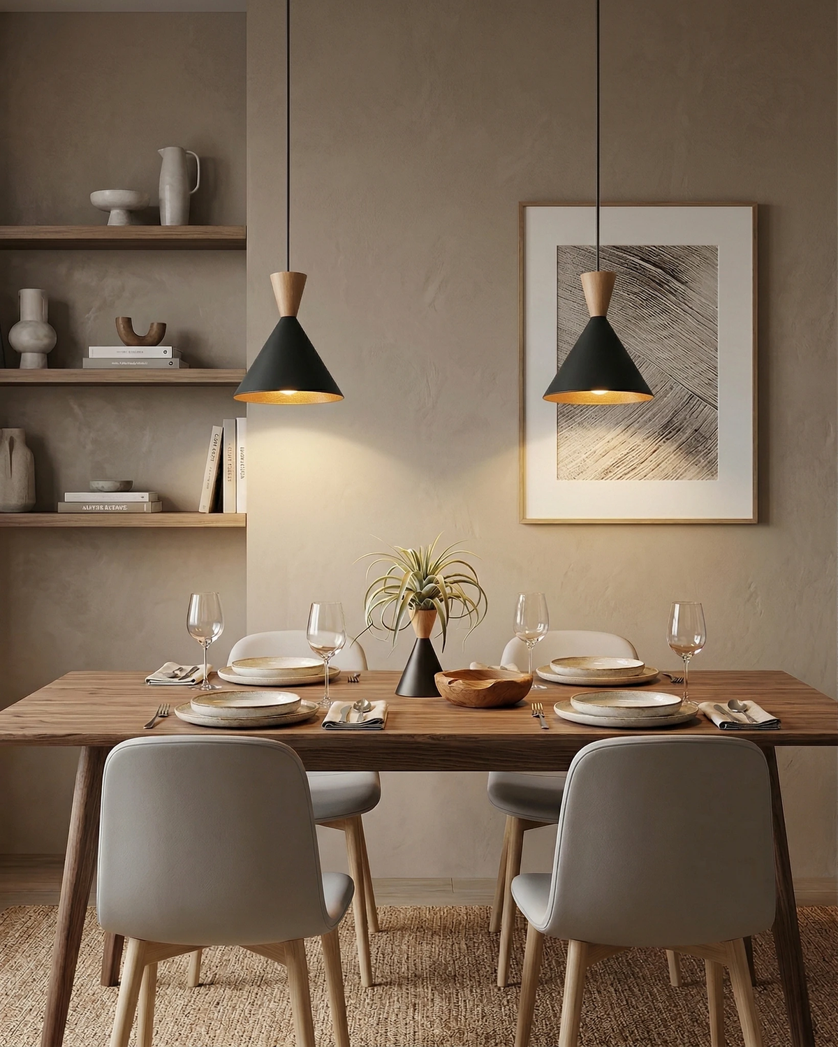 Brass pendant light TARO No.01, two matte black cones lit above a wooden dining table with gray chairs