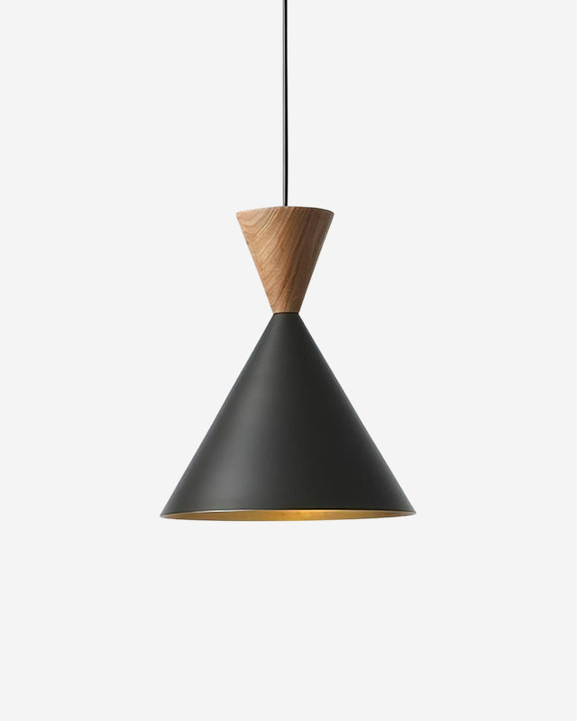 Brass pendant light TARO No.01 in matte black, cone shade with brass interior under a walnut top, unlit