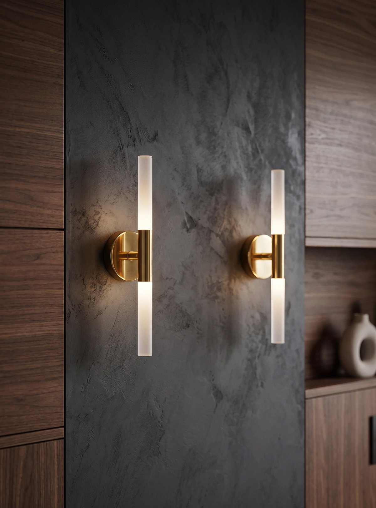 Brass wall sconce STELO No.01 in antique gold, two units lit on a dark plaster wall between walnut panels