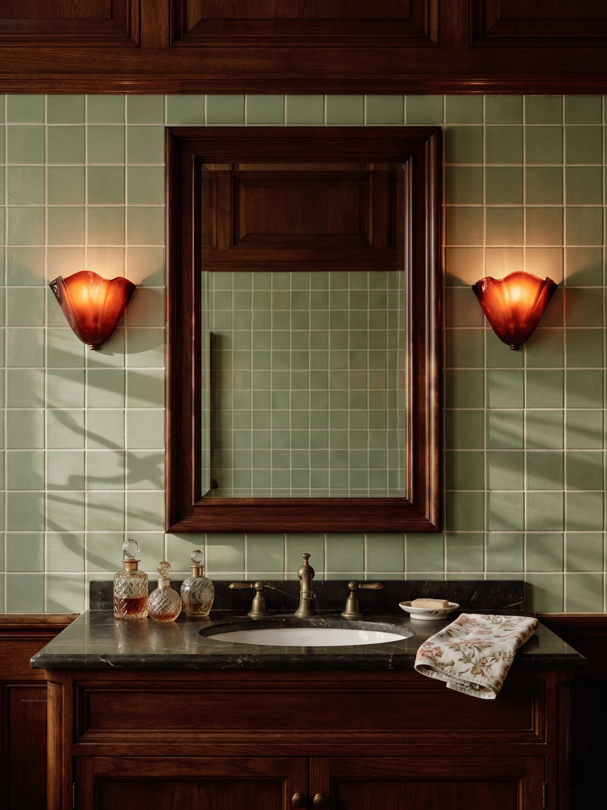 Two brass wall sconces DALIA No.03 in amber glass lit either side of a wood mirror over a green tiled vanity