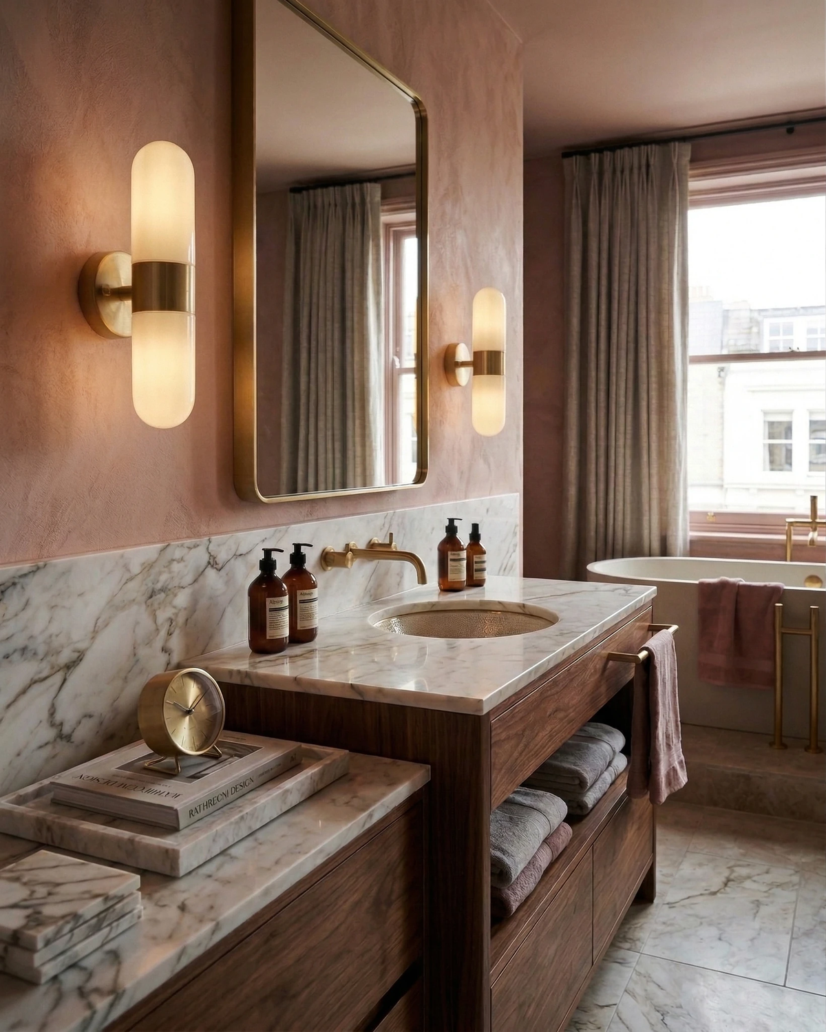 Brass wall sconce COMETA No.01 in brushed brass lit beside a tall mirror over a marble bathroom vanity with wood cabinets