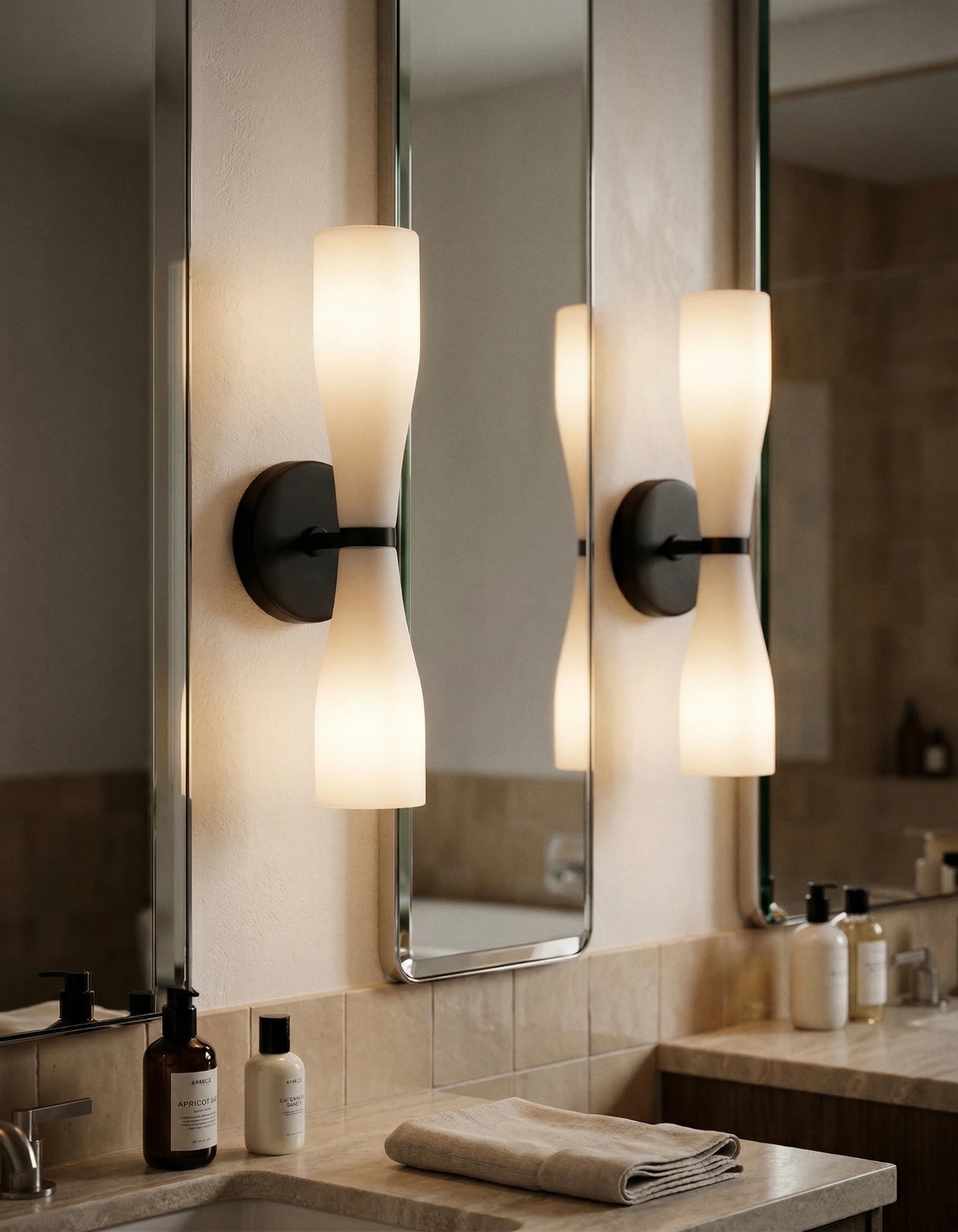 Two brass wall sconces DALIA No.02 in Volcano Black lit beside a bathroom mirror above a tiled vanity
