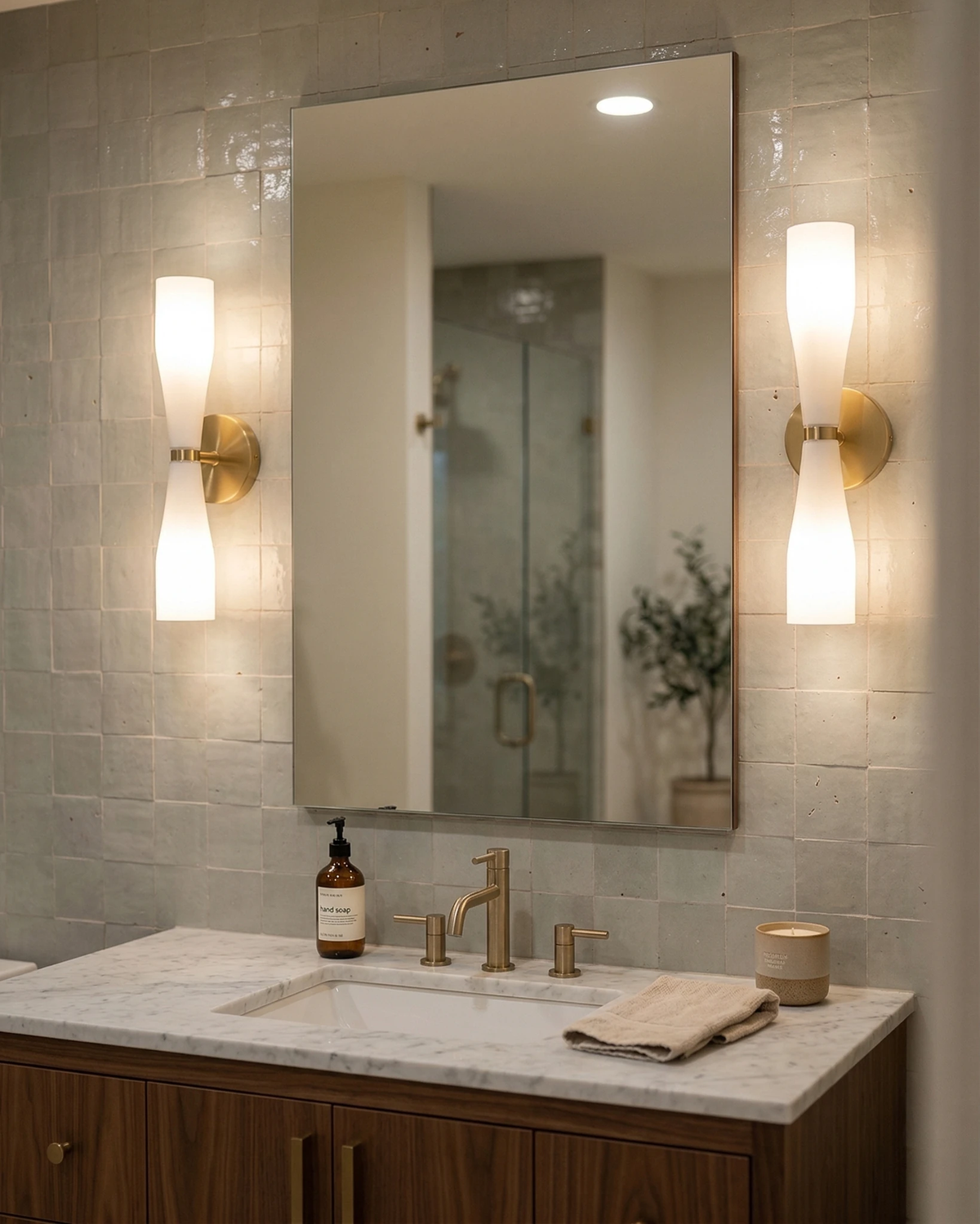 Pair of brass wall sconces DALIA No.02 flanking a bathroom mirror above a marble vanity with gold taps, lit