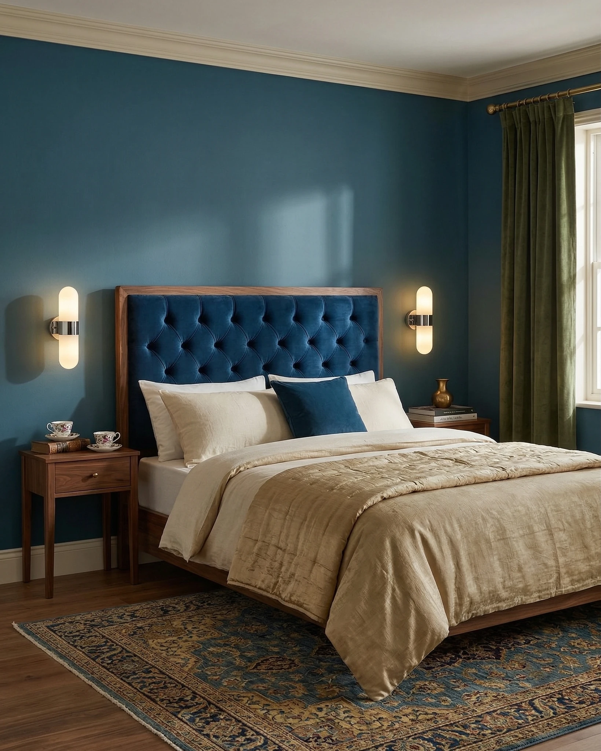 Brass wall sconce COMETA No.01 in brushed brass, a lit pair beside a blue tufted headboard in a blue bedroom
