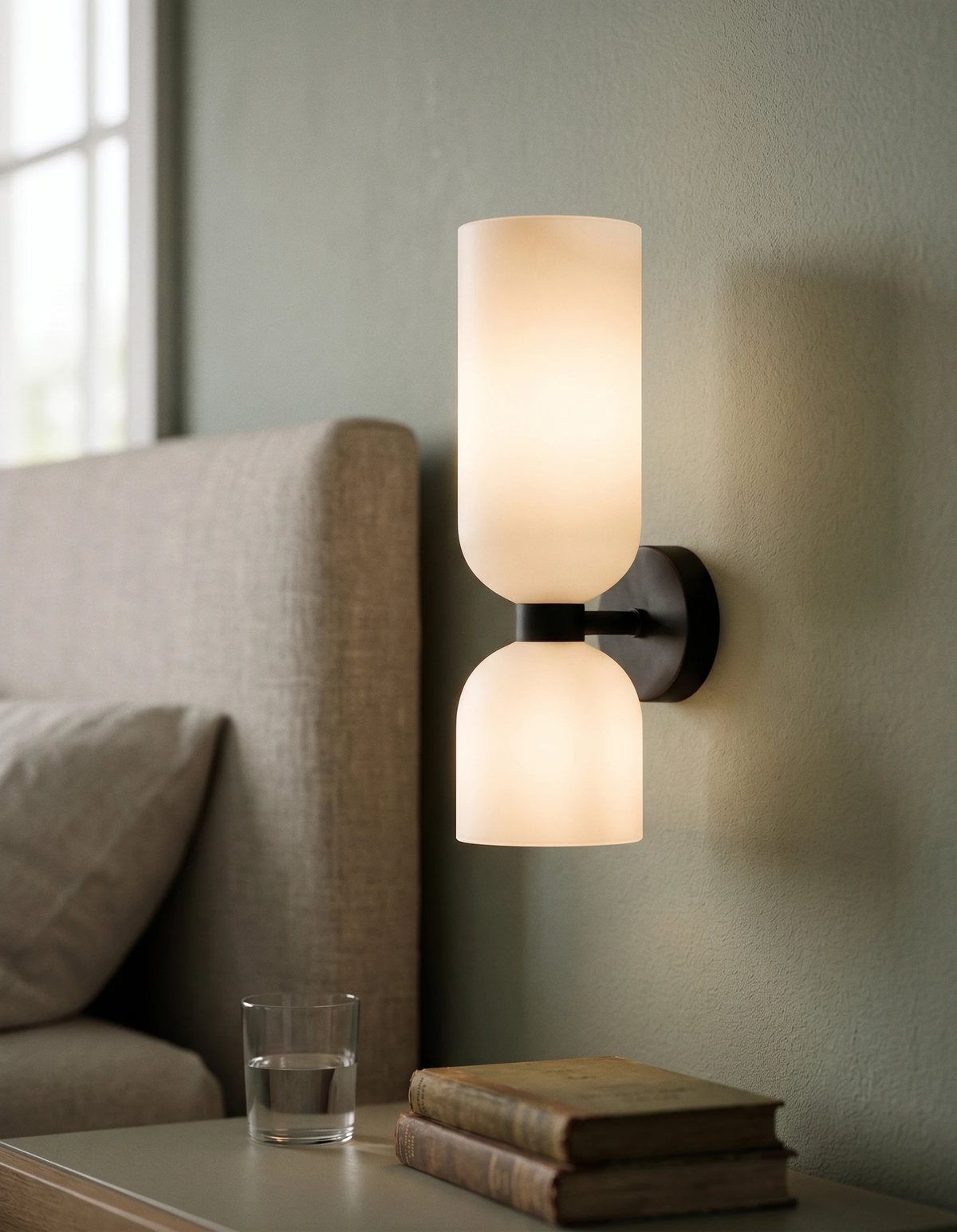 Brass wall sconce DALIA No.01 black version with opal glass lit above a headboard and a nightstand with books