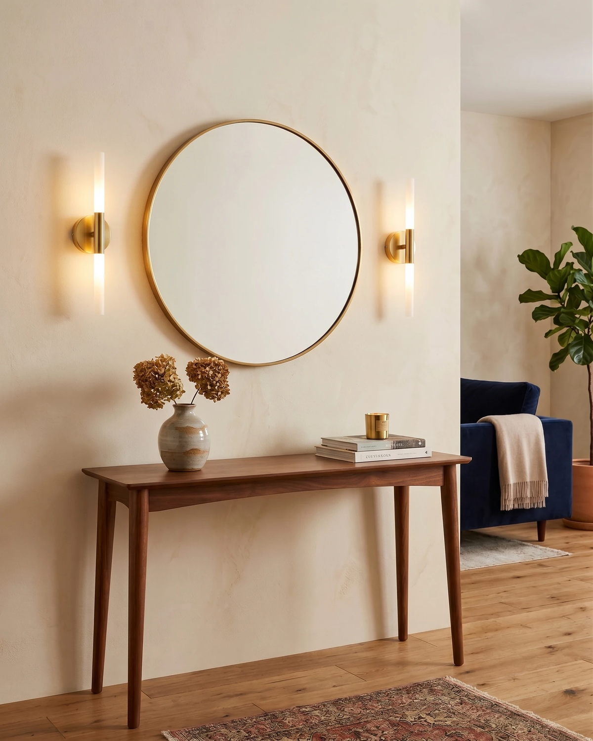 Brass wall sconce STELO No.01 in antique gold, pair lit either side of a round mirror above a wooden console
