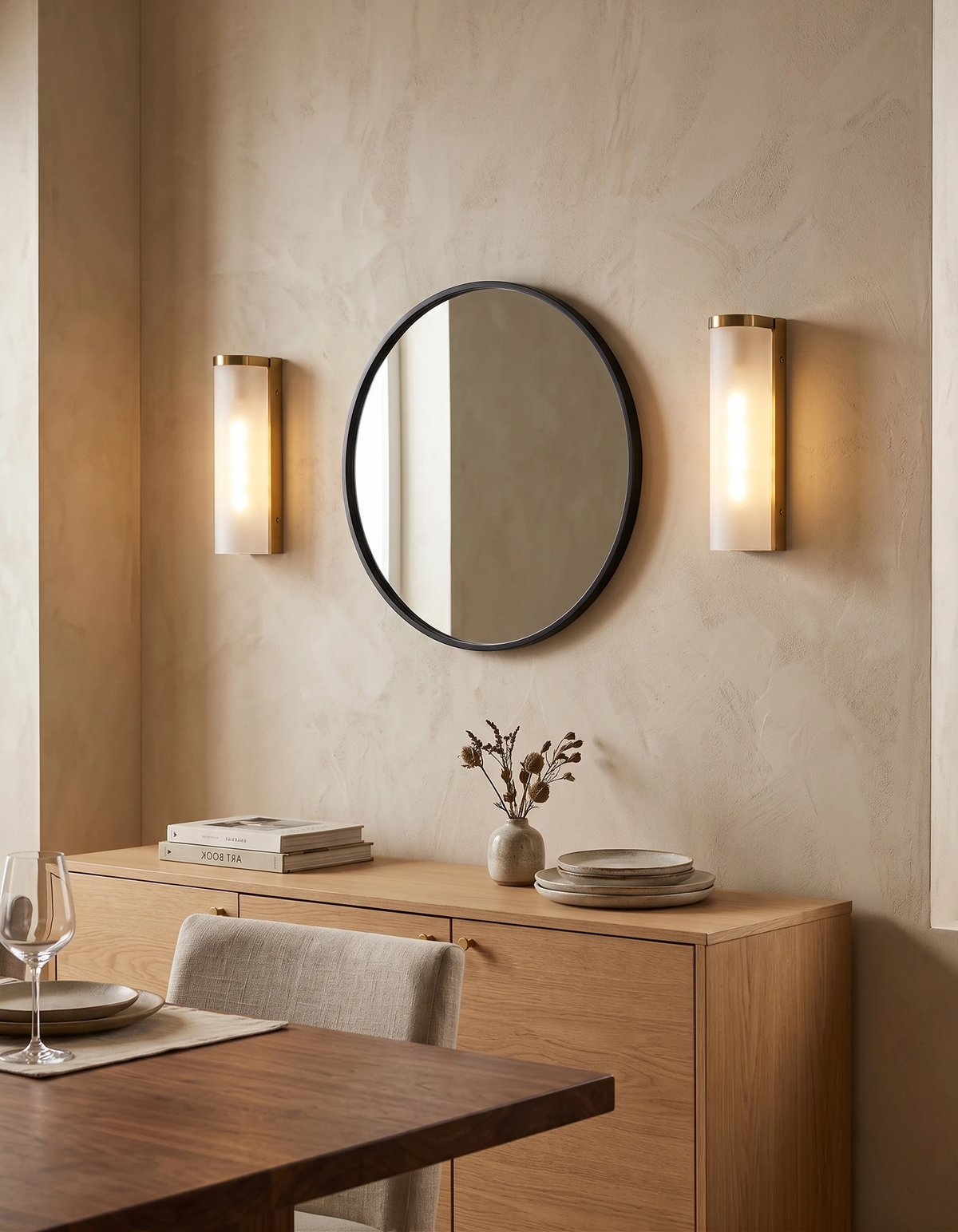 Brass wall sconce PILA No.01 in frosted glass and brass, two lit units around a round mirror above an oak sideboard