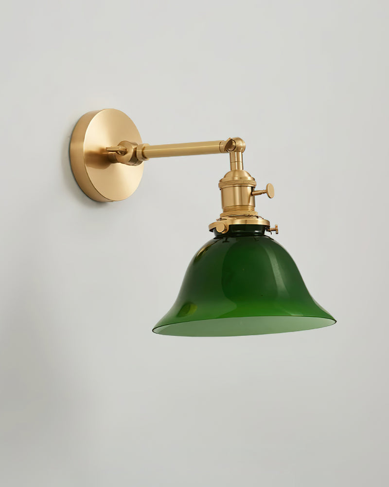 Brass wall sconce DALIA No.04 on a fixed arm, deep emerald glass bell shade unlit