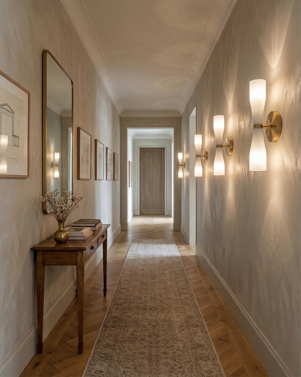 Brass wall sconces DALIA No.02 lit along both walls of a long hallway with a runner rug and console table