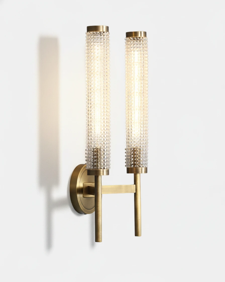 Brass wall sconce ROMA No.01 double cylinder, two textured glass tubes switched on over a brass backplate