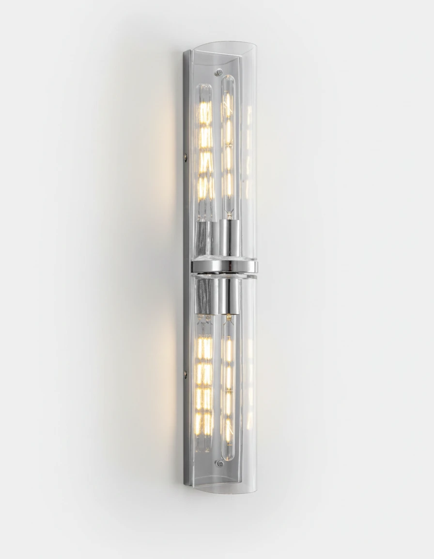 Brass wall sconce PILA No.01 Tall Stacked in clear glass with polished chrome fittings, two bulbs lit