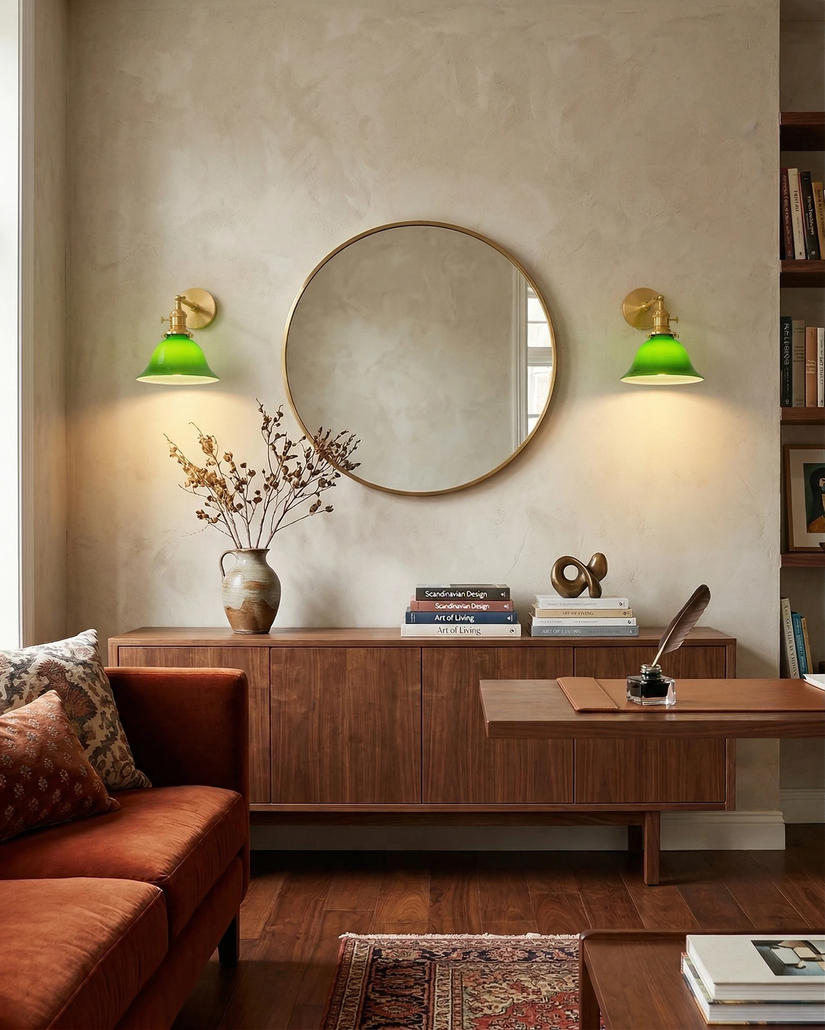 Brass wall sconce DALIA No.04, two units lit flanking a round mirror above a walnut sideboard in a living room