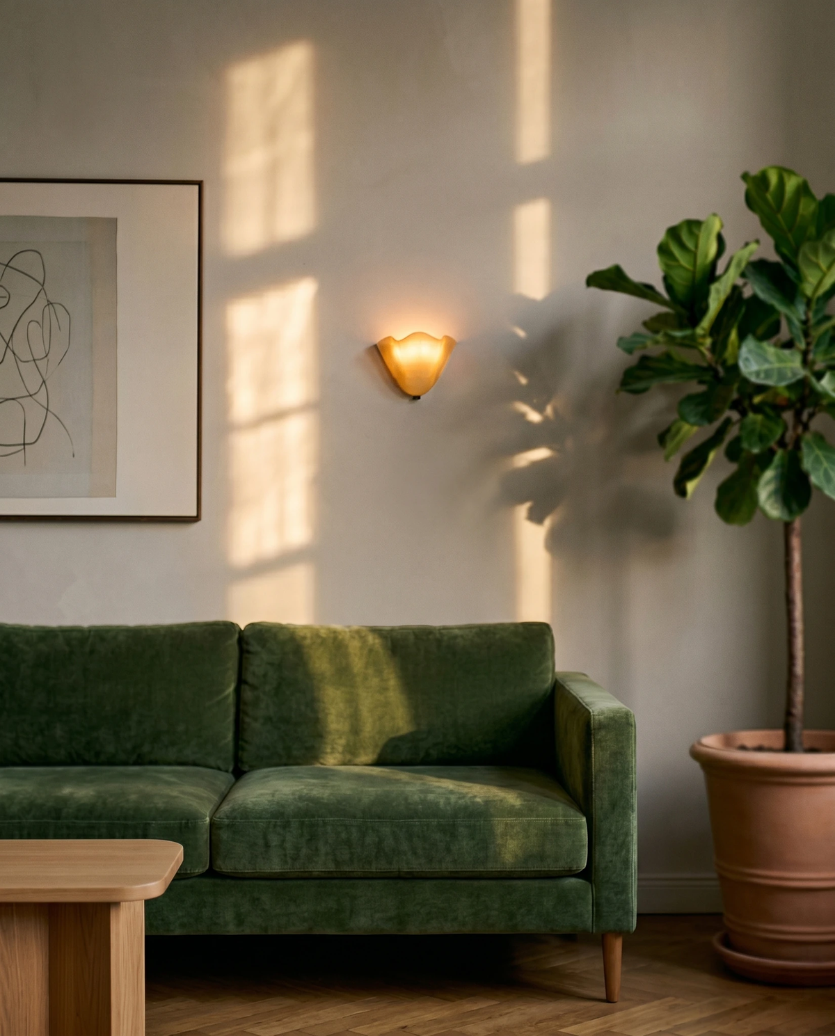 Brass wall sconce DALIA No.03 in ivory glass lit on a plaster wall above a green velvet sofa and a fig tree