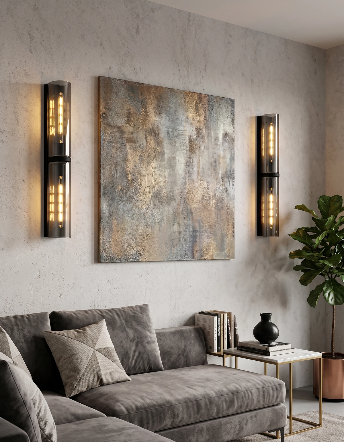 Brass wall sconce PILA No.01, two lit tall stacked smoked glass units flanking an abstract painting above a grey sofa