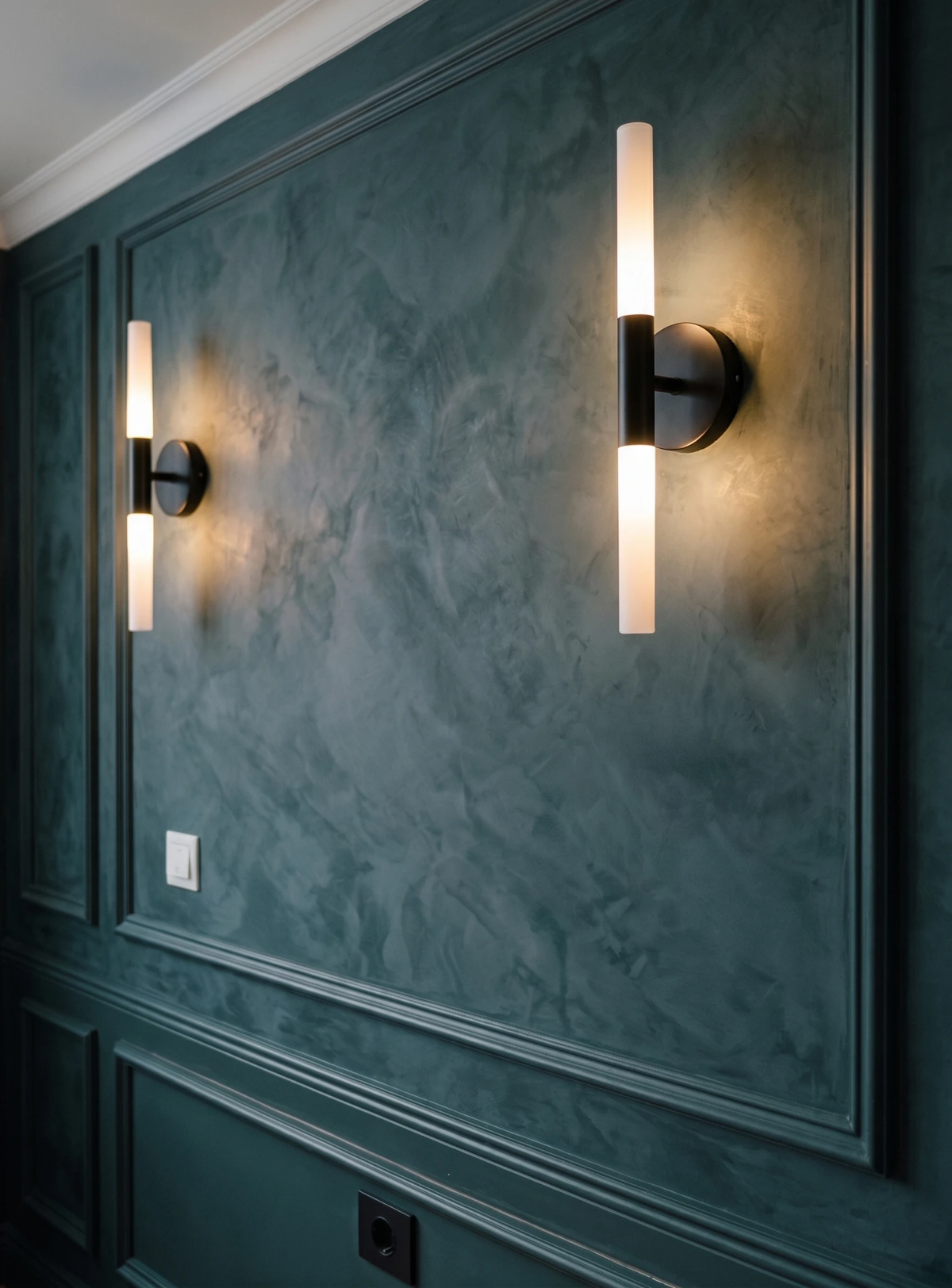 Brass wall sconce STELO No.01 in matte black, two vertical LED tubes lit on a teal plaster paneled wall